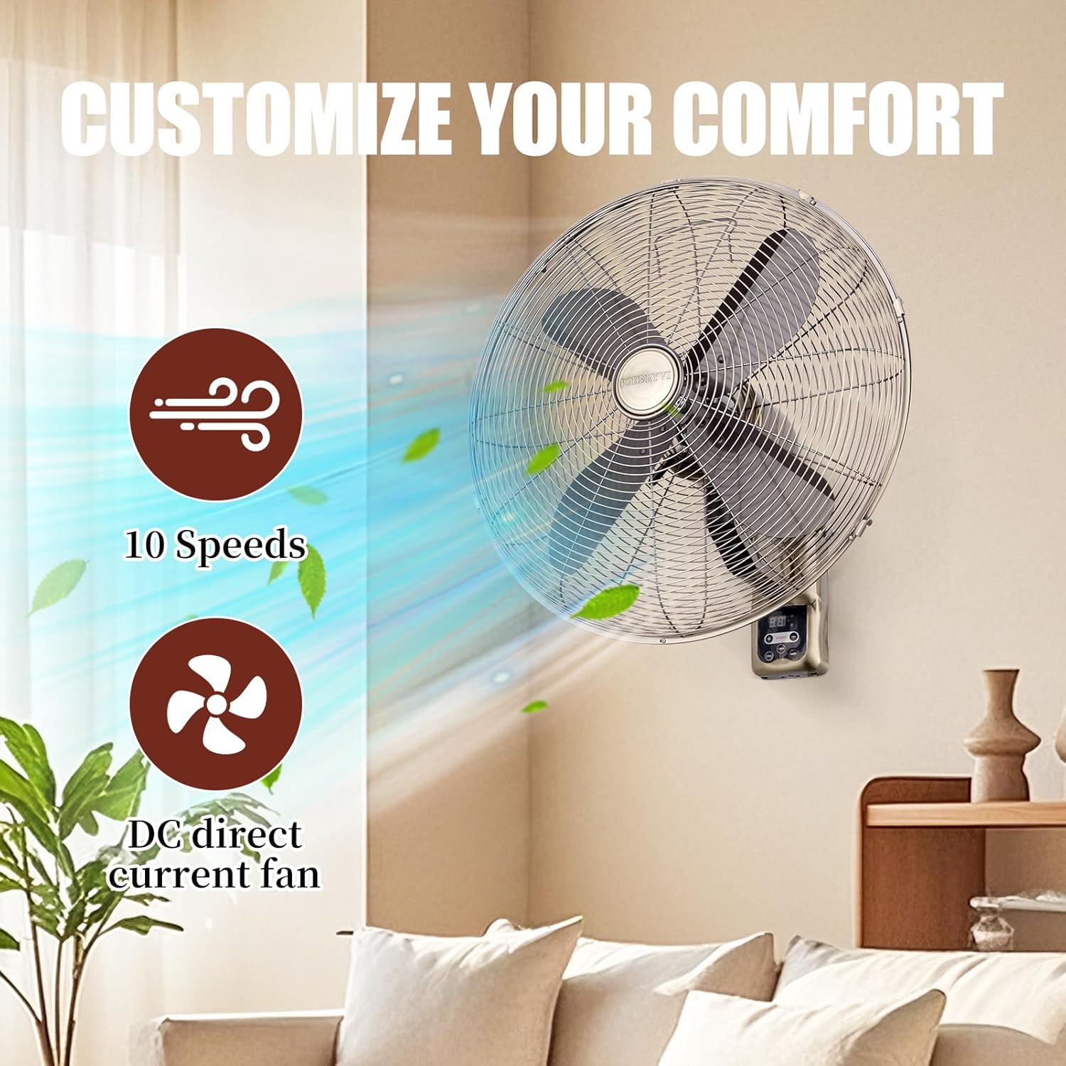 Oscillating Wall Mount Fan with Adjustable Tilt, 10 Speed, Metal Grille, DC inverters 24V,8 Hour Timer,90 Degree Oscillation, Ideal for Home, Bedroom, Gym & Office (brown-2pcs)