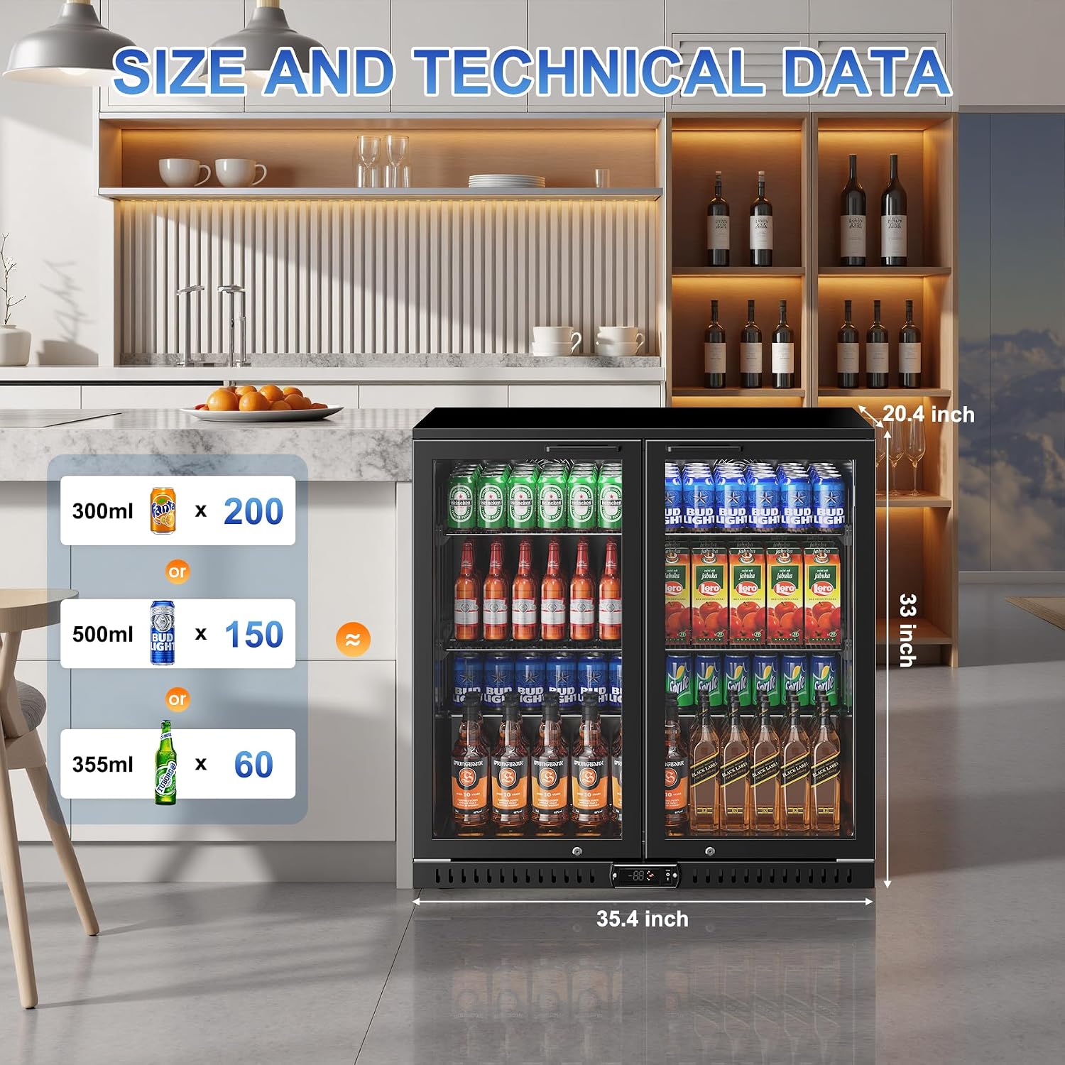 Back Bar Cooler with 2 Glass Doors, 7.4 Cu.ft Under Counter Height Beverage Refrigerator with LED Lighting, Commercial Display Bar Cooler for Beer, Wine, Soda, Drinks, ETL Approved