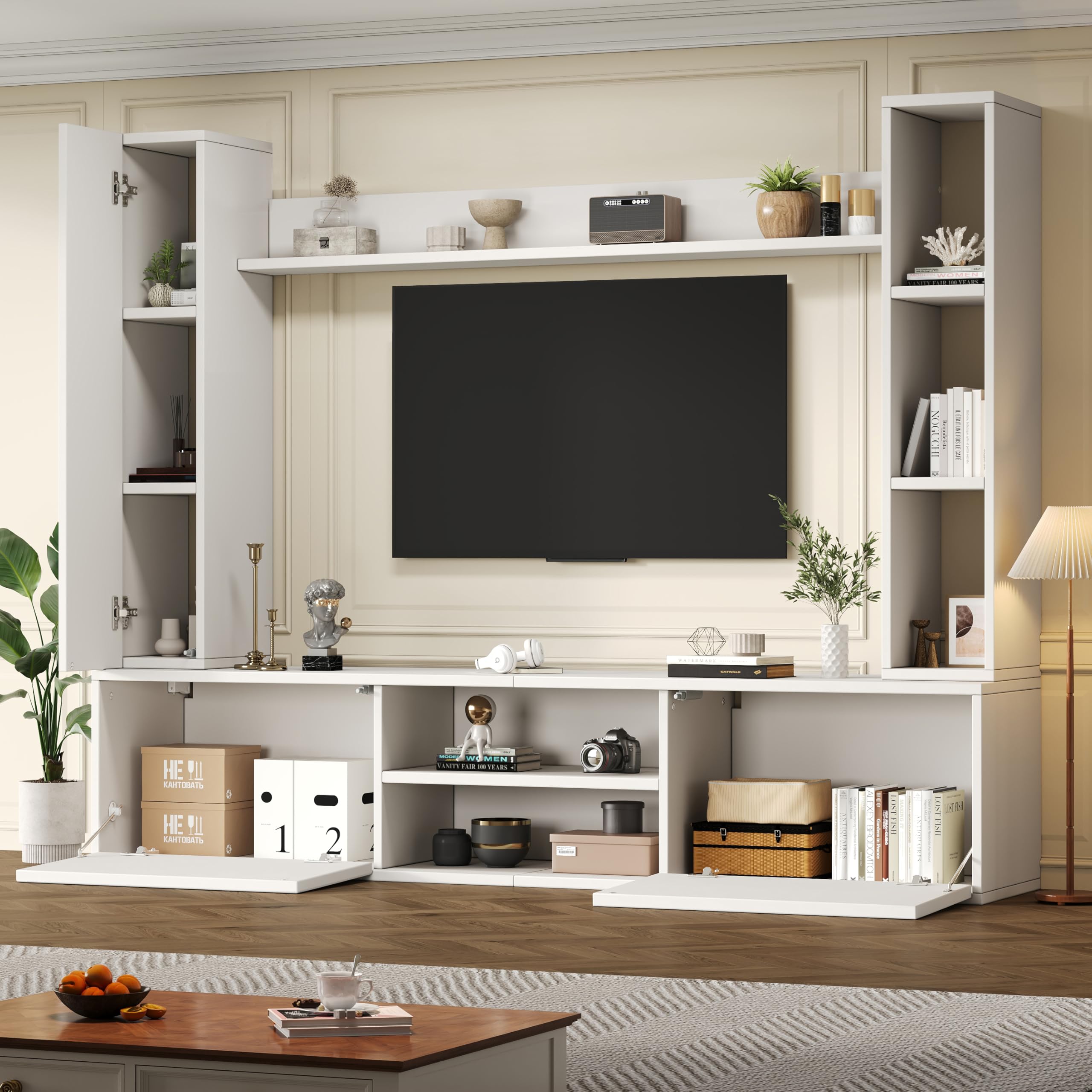MURUL Set da parete per TV, 4 pezzi, 180 x 35 x 33,5 cm, bianco, con vetrine e supporto flessibile, per TV fino a 80 pollici