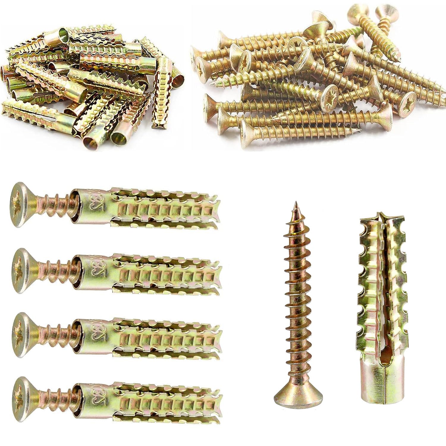 100PCs Drywall Anchors & Screws Set, Self Tapping and Ribbed Assortment Kit, Steel Self Drilling Set for Hollow Wall Hanging or Blinds, 6x32mm