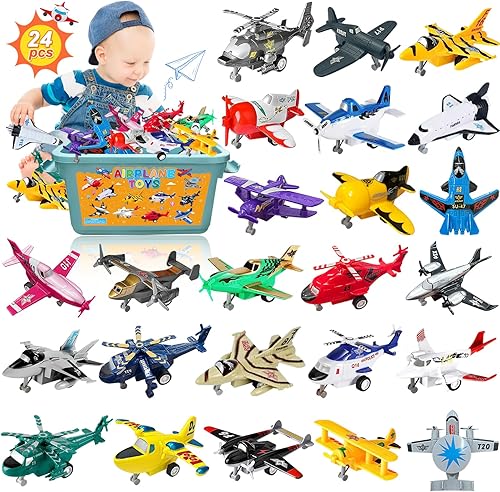 NPNE Juego de 24 juguetes de avión de tracción hacia atrás, regalos de fiesta de avión, incluye helicóptero, aviones, bombarderos, cazas,