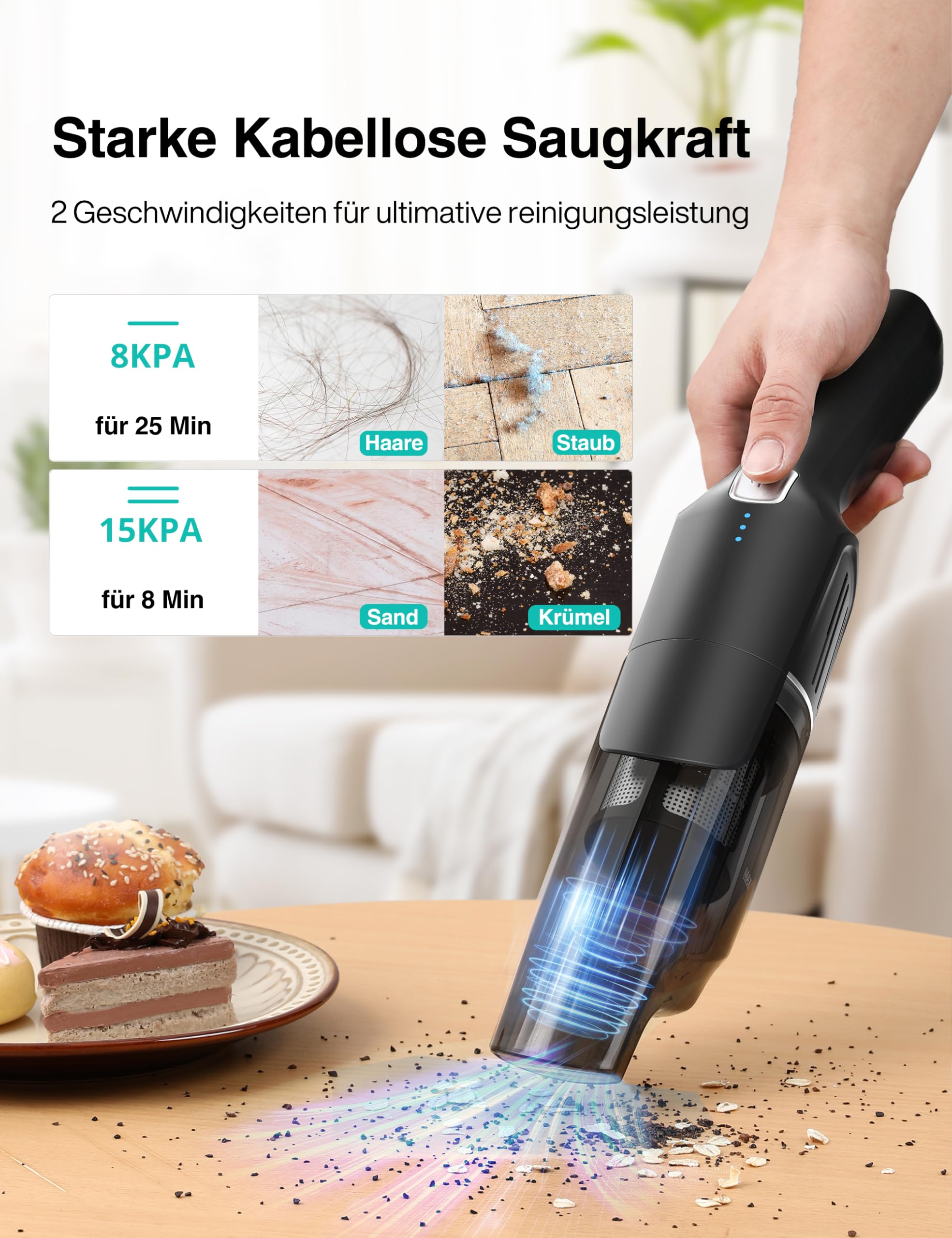 Aspiron Handstaubsauger Akku, 18000Pa & Schnellladestation, Starke Absaugung, HEPA-Filter, Akkusauger Klein für Autos, Zuhause, Schwarz