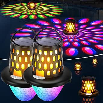 PoolBliss Solar Floating Pool Lights, 2-Pack, with Flame Effects and 8 Color Modes