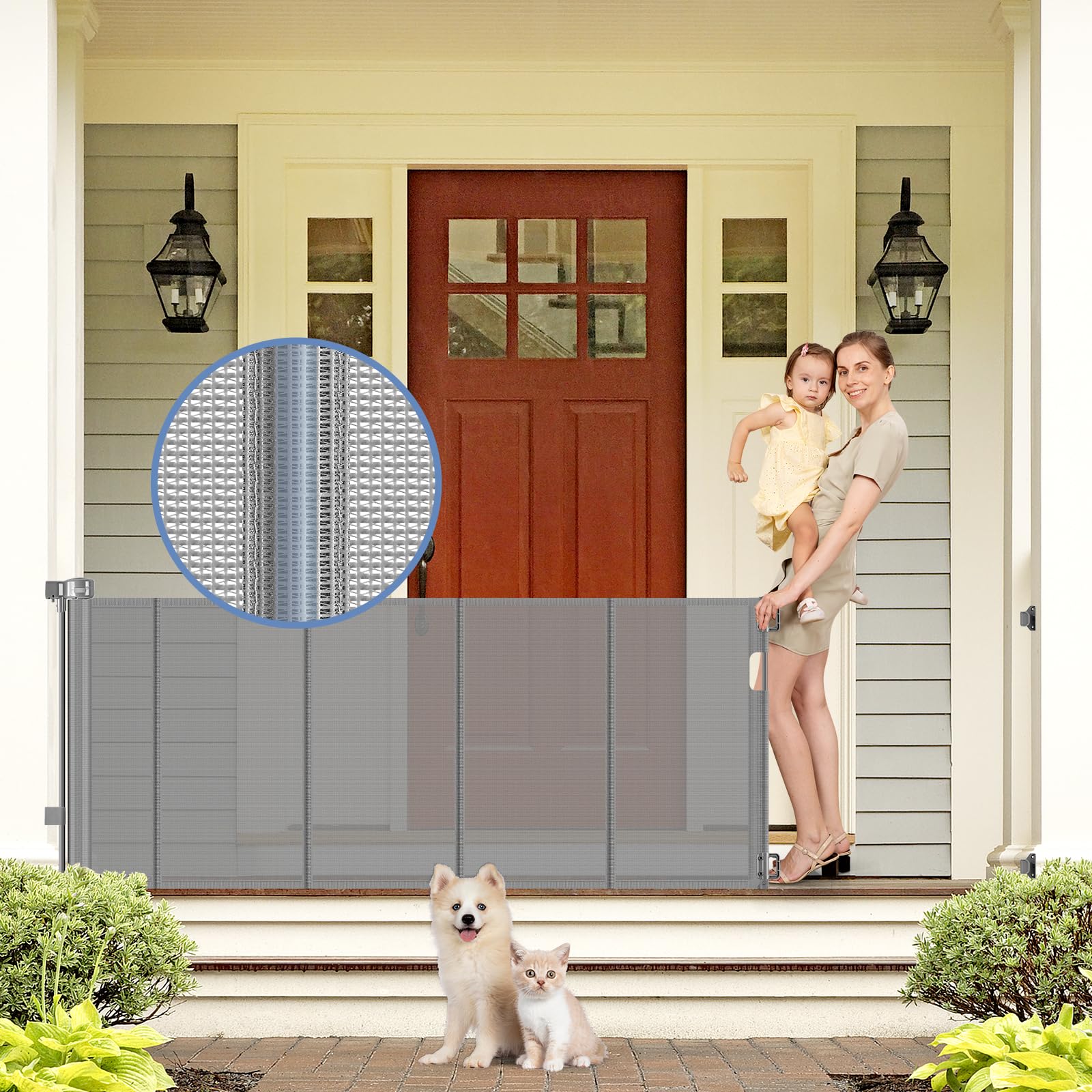 Reinforced Retractable Dog Gate with Support Strip 60" Wide Retractable Outdoor Gate for Decks Mesh Dog Gate Retractable Indoor Retractable Pet Gate