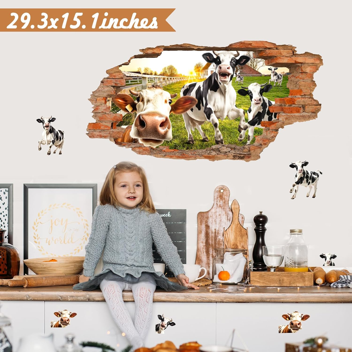 Farm Animals Wall Decals 3D Broken Wall Animal Stickers for Kitchen Funny Cow Art Mural Decal Peel and Stick Farmhouse Walls Sticker Peeking Cow Art Print for Living Room Bedroom Home Decoration