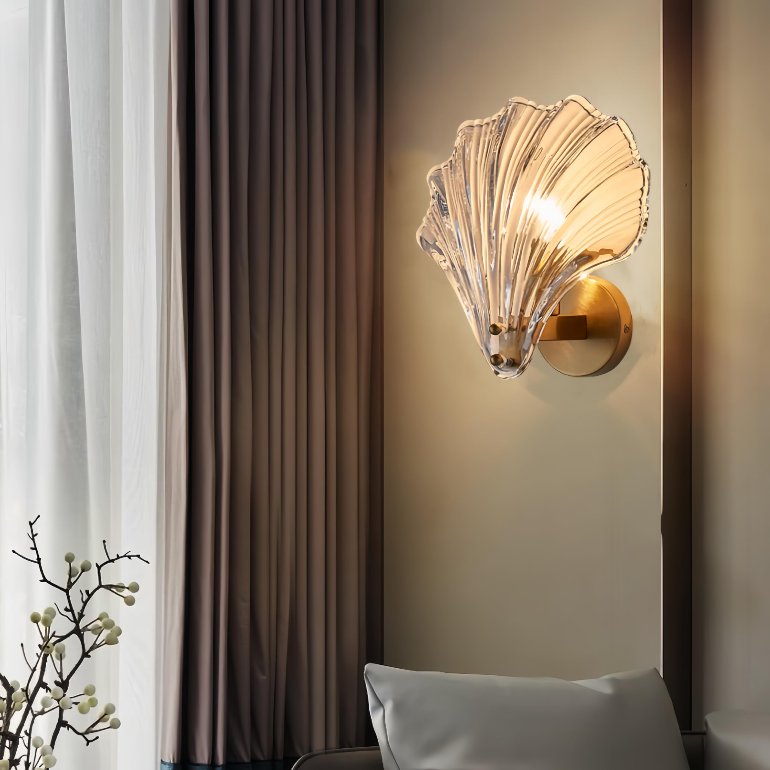 zhxinashu Wandleuchte Muschel,Wandlampe Glas für Schlafzimmer,Bernstein | Art-Deco-Wandleuchte Modern, E14-Leuchtmittel nicht enthalten, für Schlafzimmer, Wohnzimmer, Flur, 20 x 22 cm