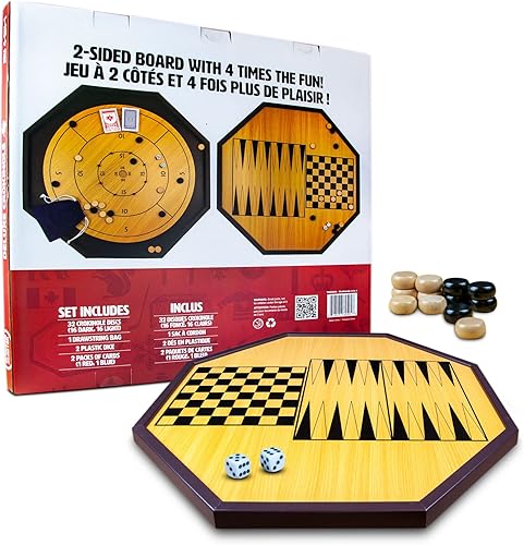 Miniatura 7 de Tradeopia Juego de mesa de Crokinole 4 en 1, tablero de ajedrez, damas y backgammon, juego de herencia canadiense para amigos y familiares, el juego