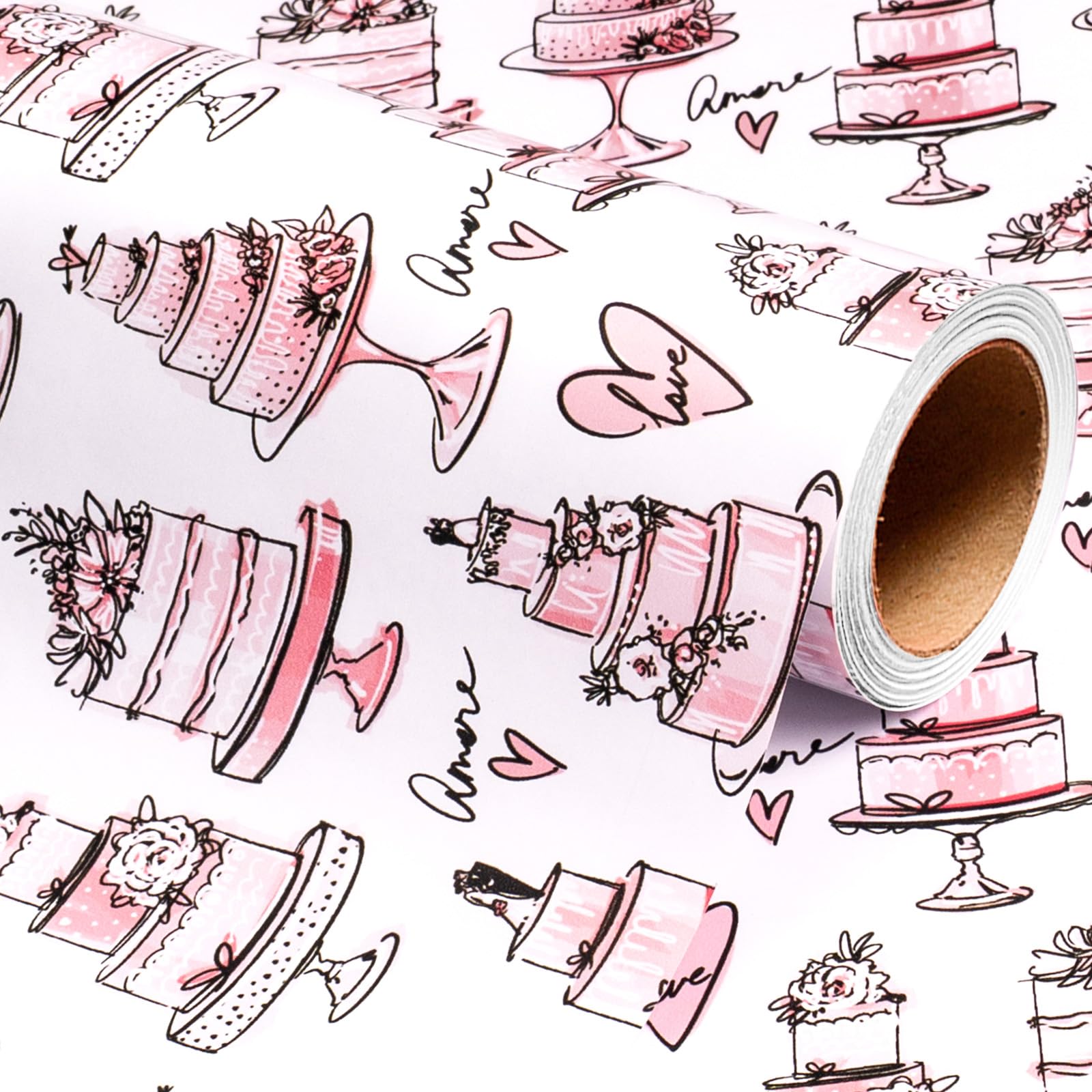 Wikadlik Pink Wedding Wrapping Paper - 43cm x 5m Elegant Sketch-Style Cake & Heart Pattern Gift Wrap for Engagements, Bridal Showers, Valentines Day
