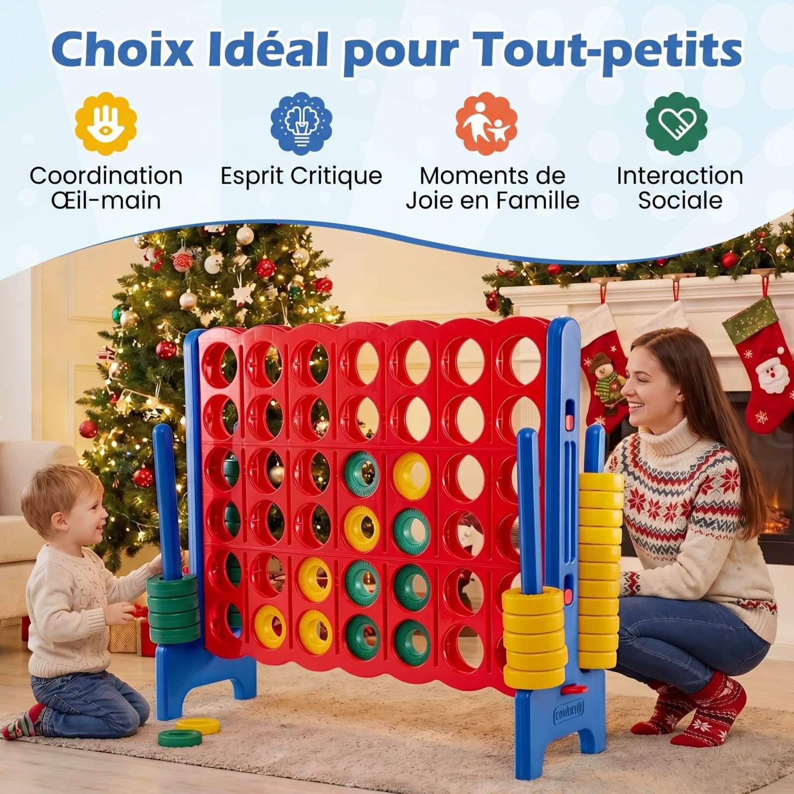 GOPLUS Puissance 4 Géant avec 42 Anneaux, Levier, Porte-Anneaux Latéraux, Plateau en Plastique, Jeu de Société Éducatif 4-en-Ligne pour Réunions de Famille Intérieur/Extérieur, 2-4 Joueurs (Bleu)