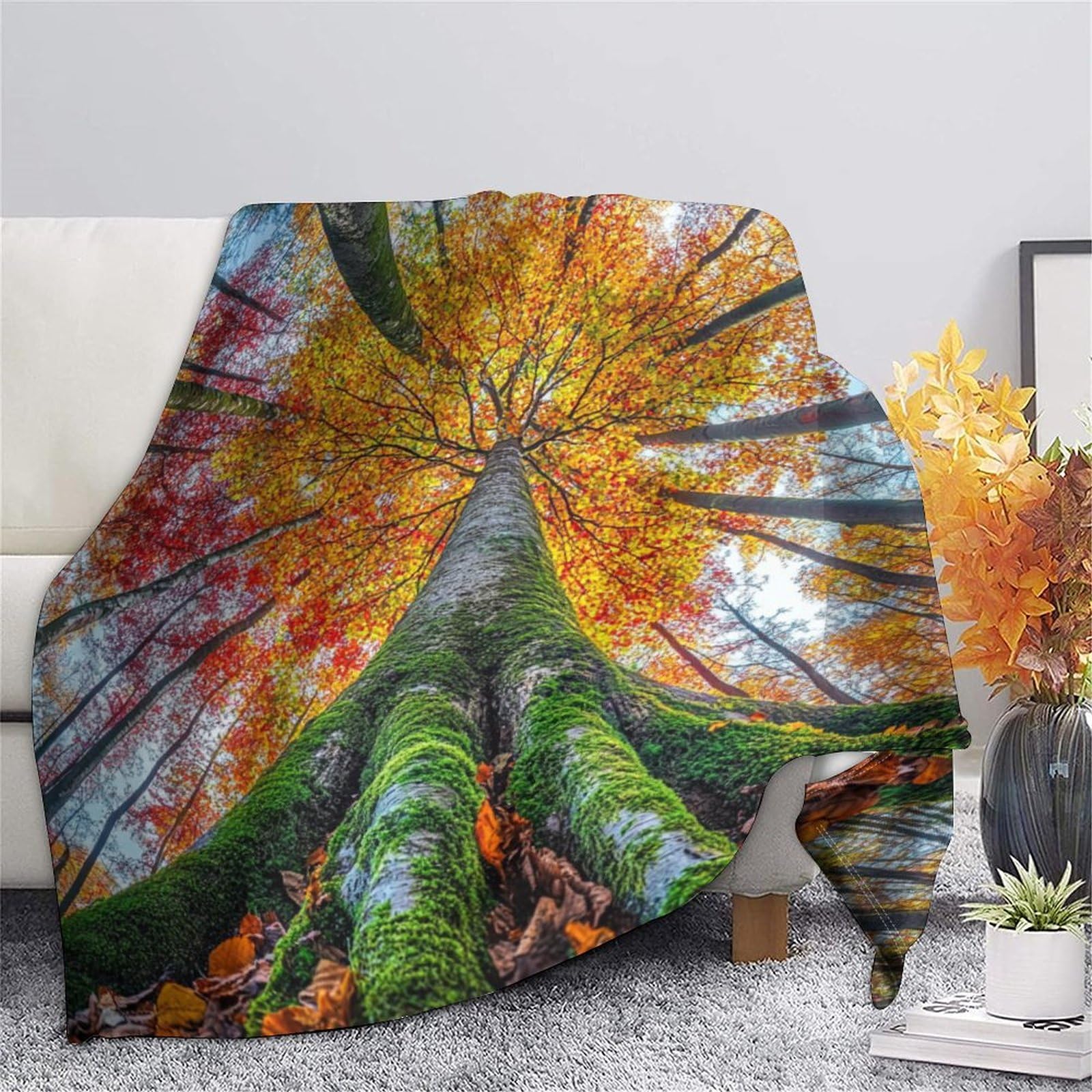 Foresta autunnale Manta Estampada 3D Alberi alti Colcha De Diseño Ropa De Cama De Microfibra Suave Y Cálida Sofá Ropa De Cama 80x90inch(200x230cm)