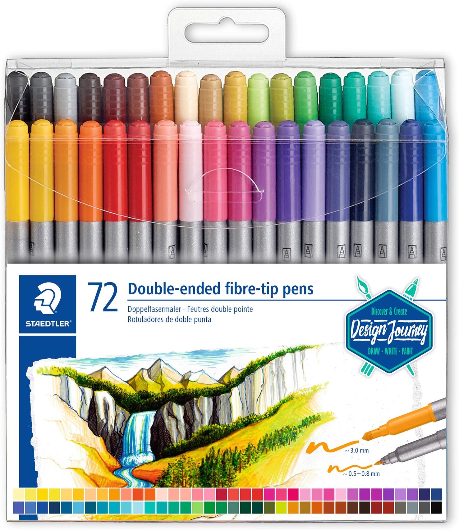 3200 TB72 Design Journey Double-Ended Fibre-Tip Pens with Two Nibs - Narrow and Wide, Pack of 72