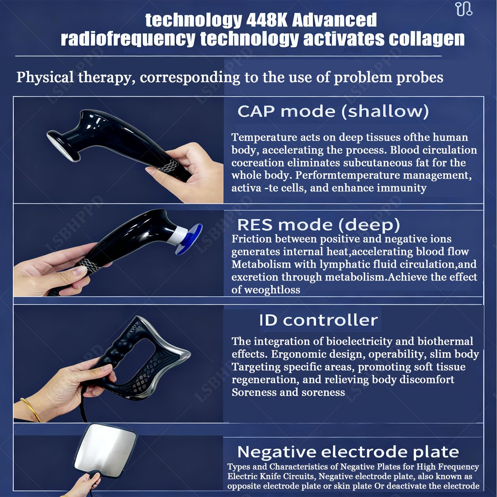 Apparecchio Tecar Therapy 448KHz - Diatermia Portatile RET CET per Dimagrimento,Rassodamento Pelle e Sollievo dal Dolore,Fisioterapia Termale con 8 Sonde,2 Maniglie e 1 Piastra Negativa
