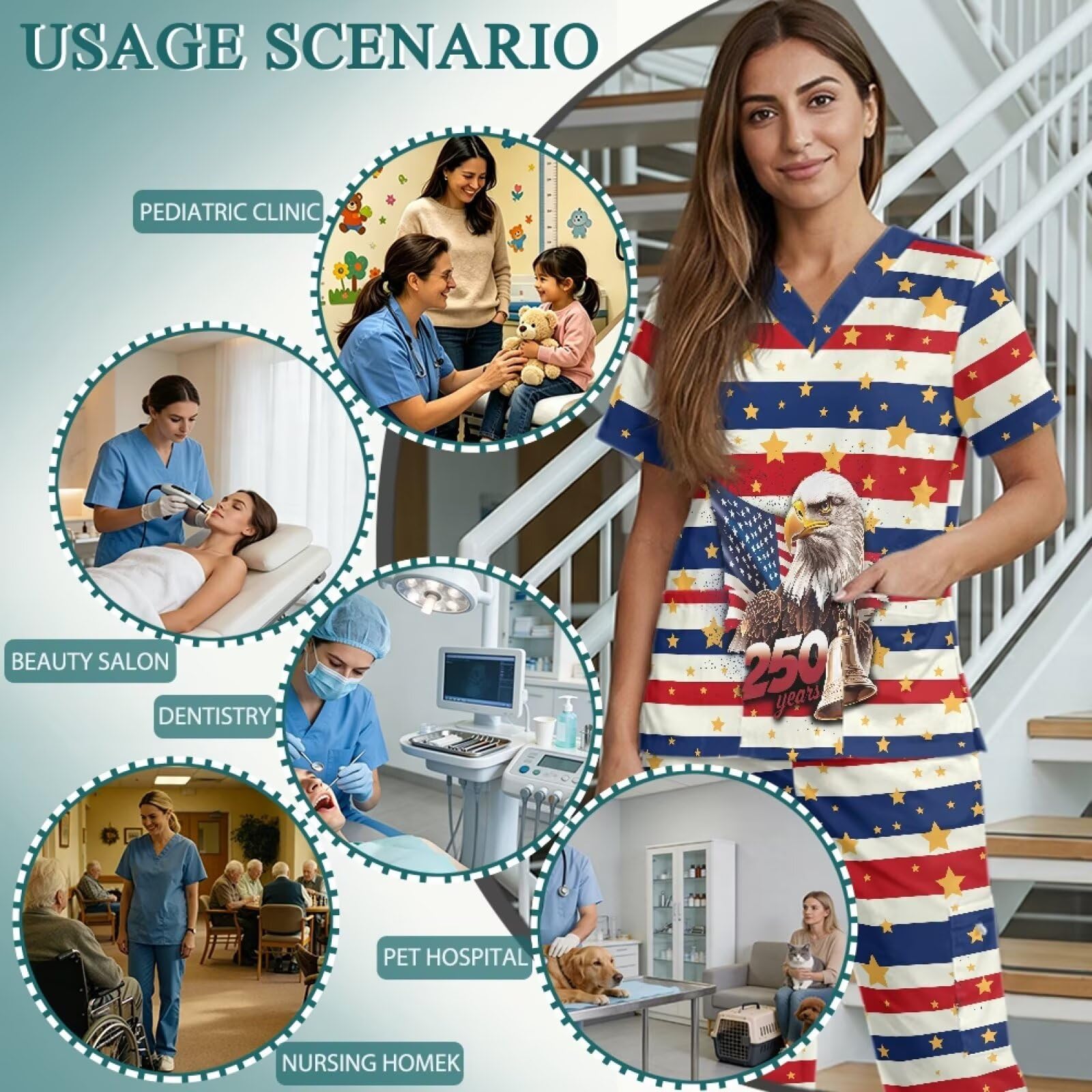 250 lat peelingów pielęgniarskich dla kobiet zestawy amerykańska flaga orzeł medyczne peelingi i czerwone, białe i niebieskie spodnie dla kobiet weterynarz technika odzież robocza