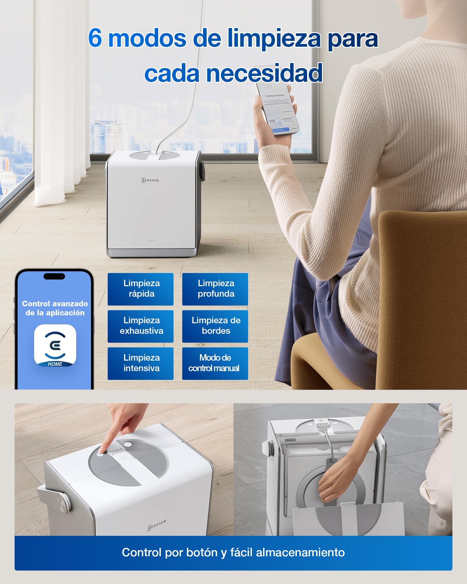 ECOVACS Winbot W2 Pro Omni Robot limpiacristales, con estación multifunción, Carga Durante el Funcionamiento, pulverizador de Agua de Triple Boquilla, protección de 12 Niveles