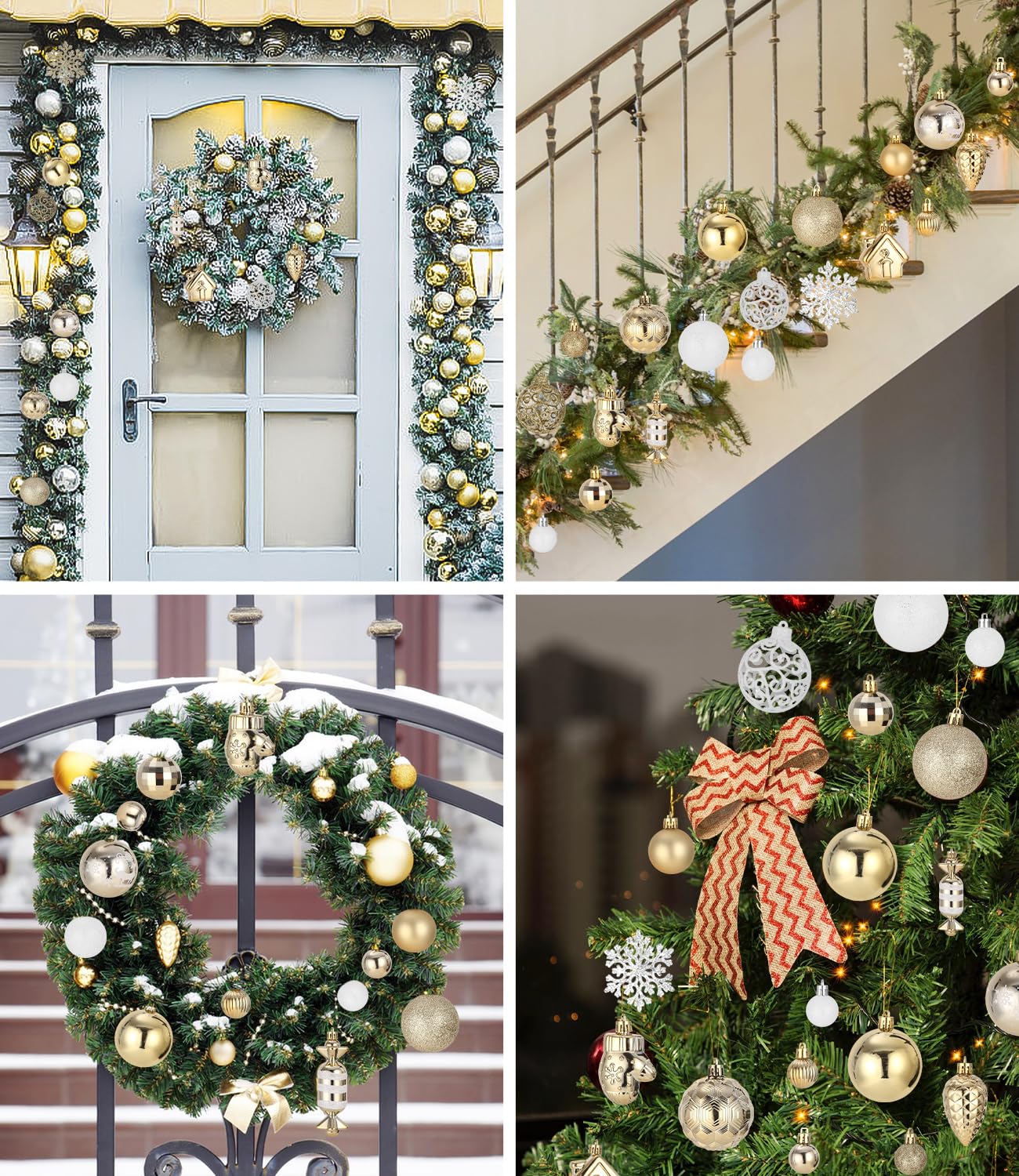121 Pezzi Palline Albero di Natale Set in Oro e Bianche, Decorazioni Albero di Natale Plastica Infrangibili, Addobbi Natalizi con Ciondolo, Decorazioni Natalizie per Uso Interno ed Esterno - Ø3/4/6 cm