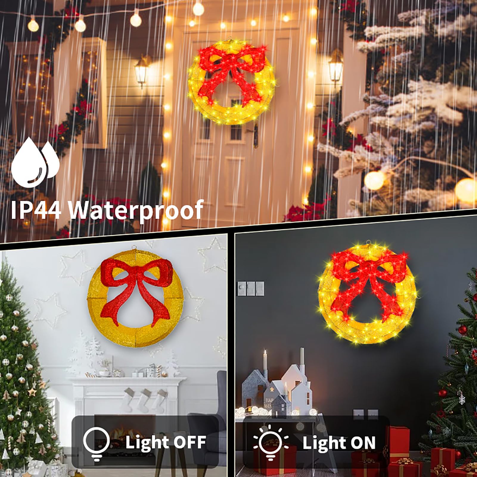 Couronne de Noël extérieure – Couronne de Noël lumineuse à DEL de 61 cm avec nœud, grande couronne de Noël éclairée, lumières de fenêtre pour mur, fenêtres, décoration de porte d'entrée, nœud rouge,