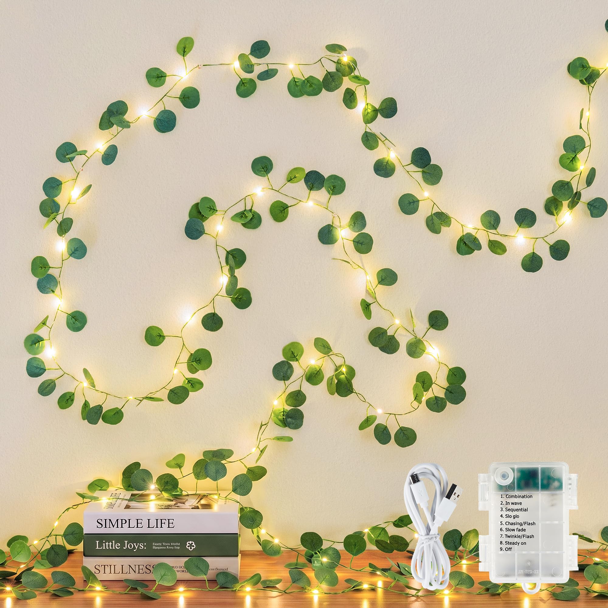 HEYFUNi 23FT Eucalyptus Garland with Fairy Lights, USB & Battery