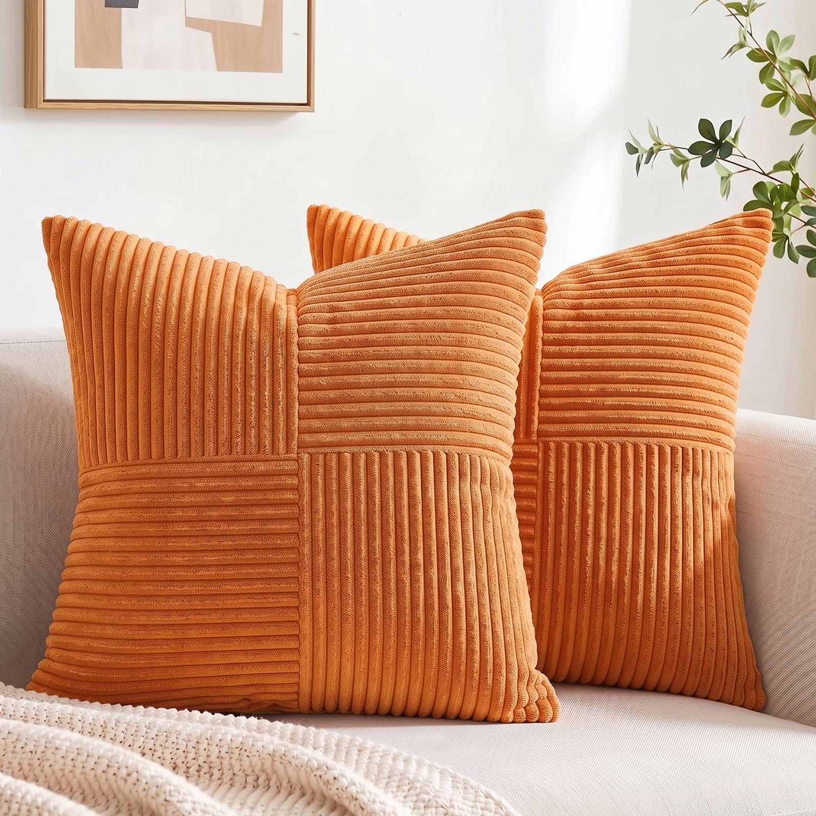 Fancy Homi 2 Packs, Brown Orange Decorative Cushion Cover for Living Room Couch Bed Sofa Rustic Farm Boho Home Decor Soft Corduroy Corss Patchwork Textured Accent Cushion Cover 45x45 — image 1