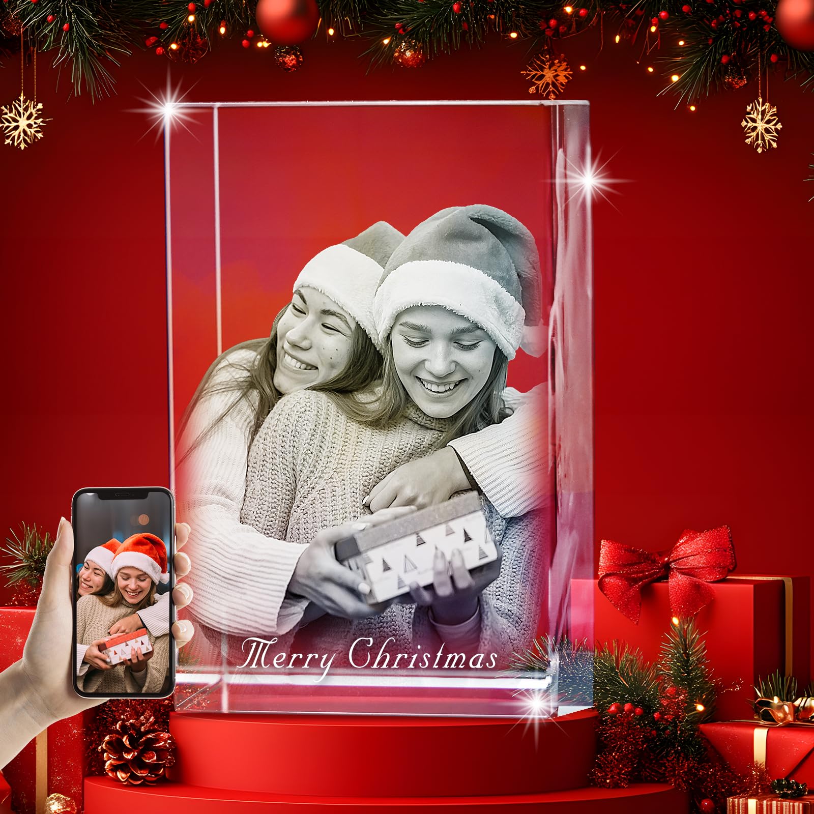 Personalized 3D Crystal Photo - Optional Multicolor Light Base| Gift Box| Customized Laser Etched Crystal Picture for Moms, Dads, Birthdays, Christmas & Celebrations - Rectangular (Medium)