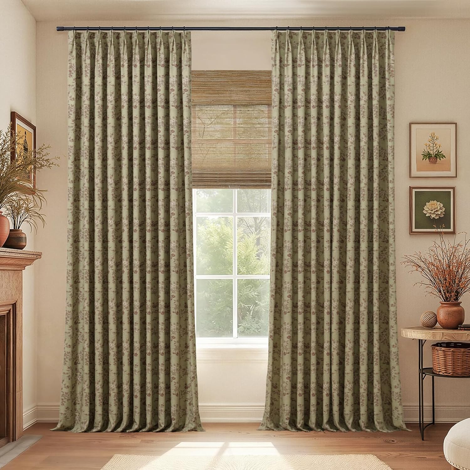 TWOPAGES Pinch Pleat Floral Curtain 84 Inch Long Blackout Drape Linen Textured Printed Curtain for Kitchen Bathroom (Scarlett, 26W x 84L Inches, 1 Panel)