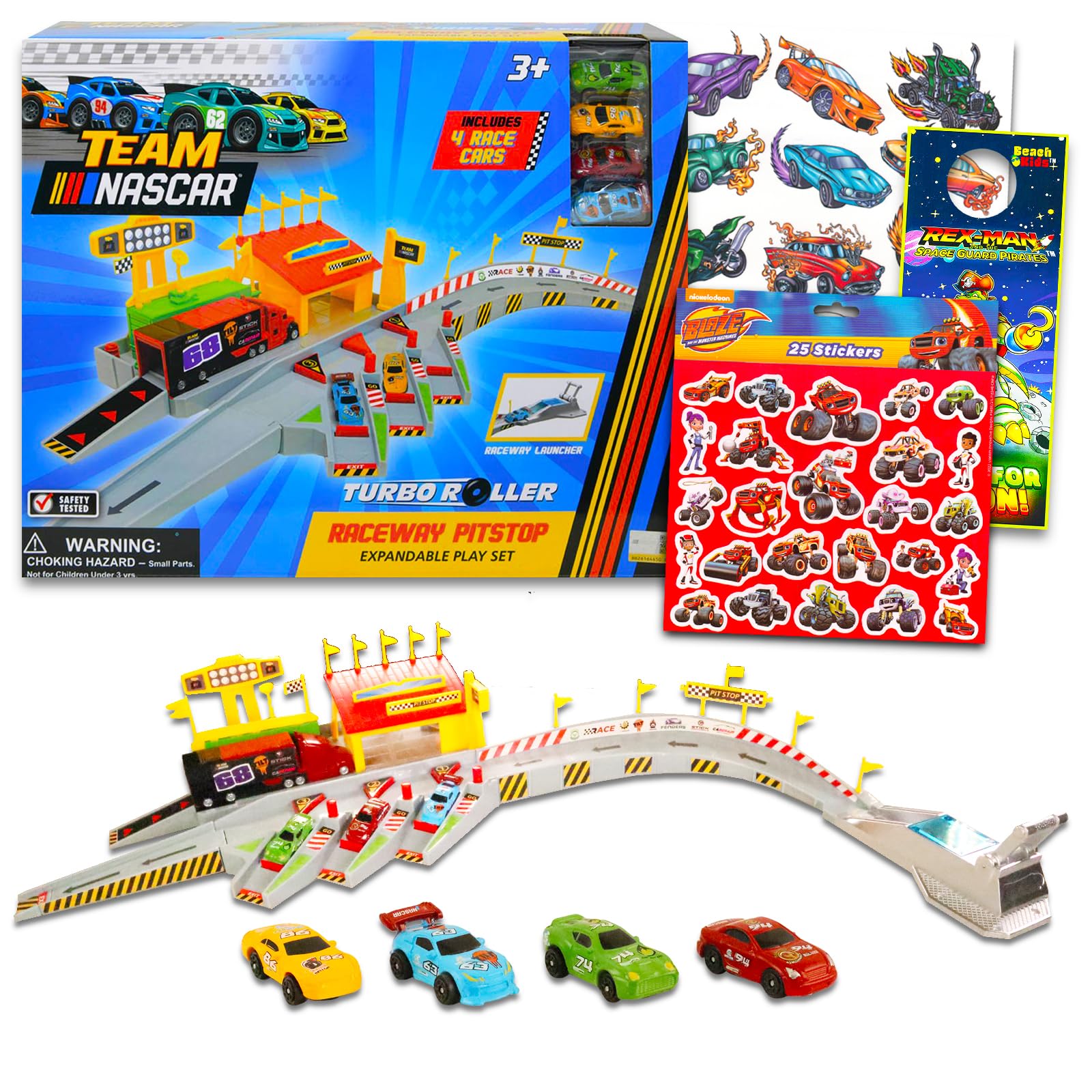 Platinum SeriesNascar Race Track and Toy Car Set - Bundle with Nascar Raceway Pitstop Expandable Play Set with 4 Race Cars Plus Stickers, Tattoos, More | Nascar Race Track Toys for Boys