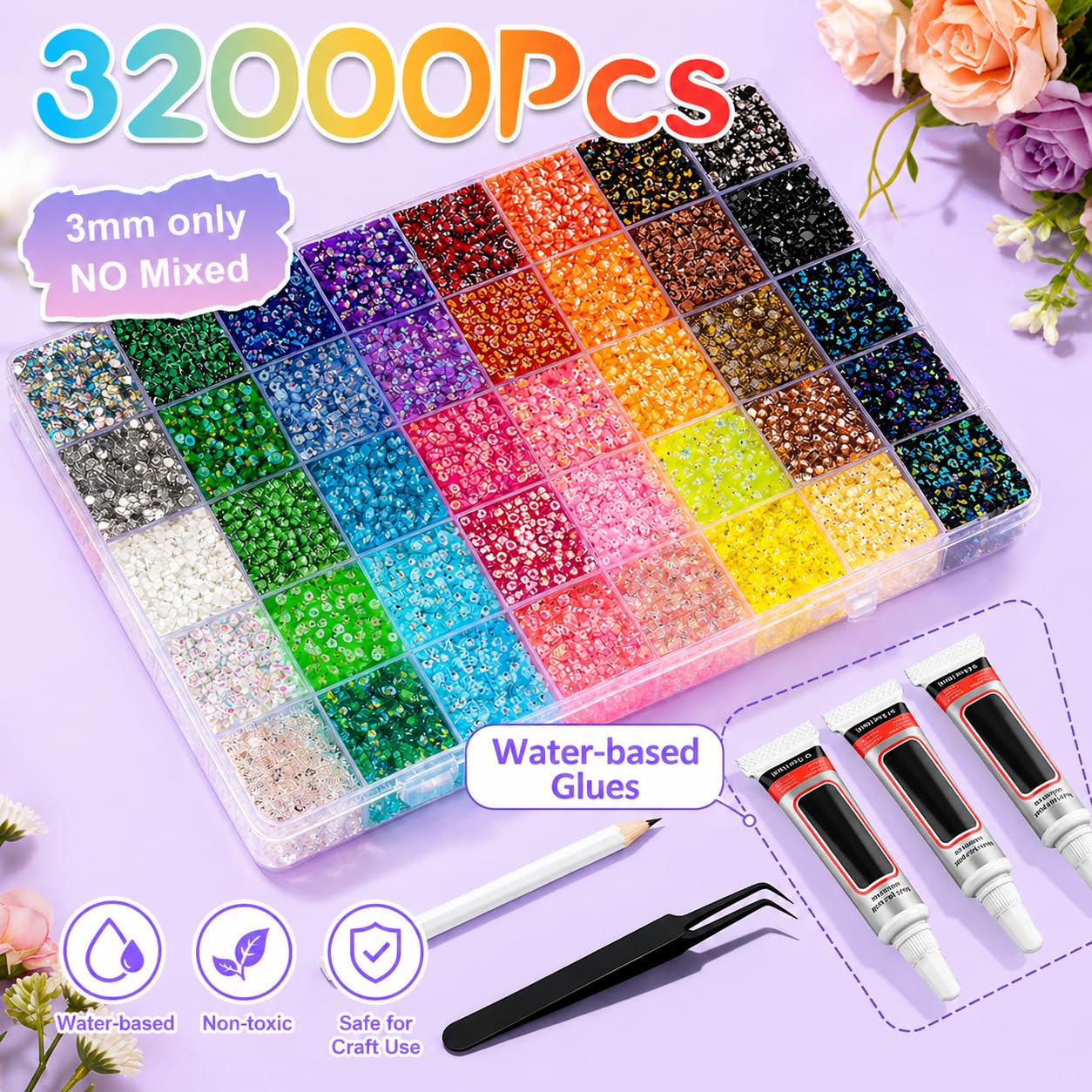 Kit Strass à Coller 32000PCS, 40 Couleurs Strass 3 mm avec Colle et Stylo, Bedazzling Kit DIY pour Nail Art, Ongles, Vêtements, Chaussures, Tasses et Décoration Artisanale