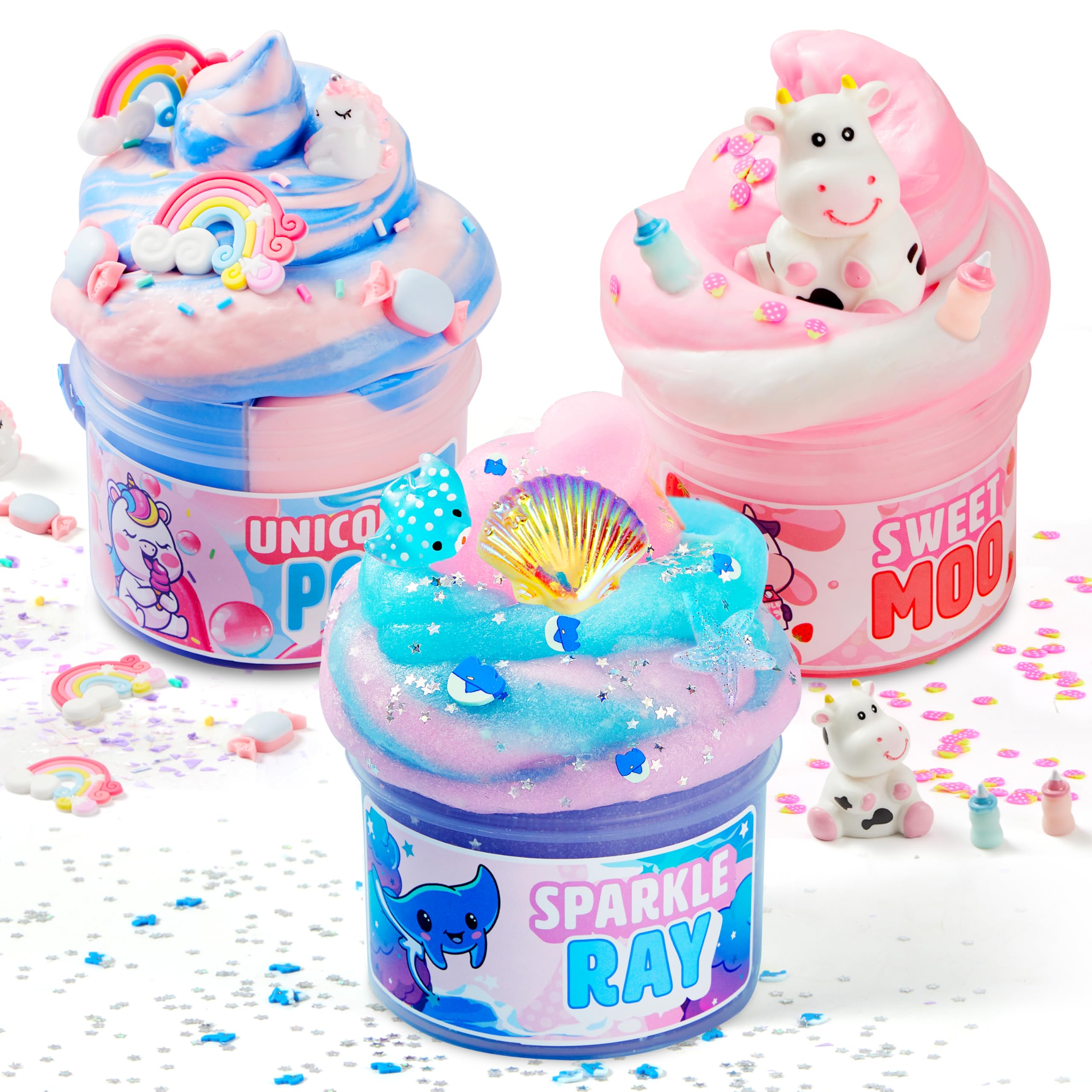 JOYIN Slime 3-Pack Bundle, Marshmallow Manta Ray, Bubblegum Unicorn, Strawberry Milk Cow, Soft, Non-Sticky, Mess-Free, Fluffy Slime Bulk Toys for Kids, Boys and Girls Birthday Gifts Party Favors