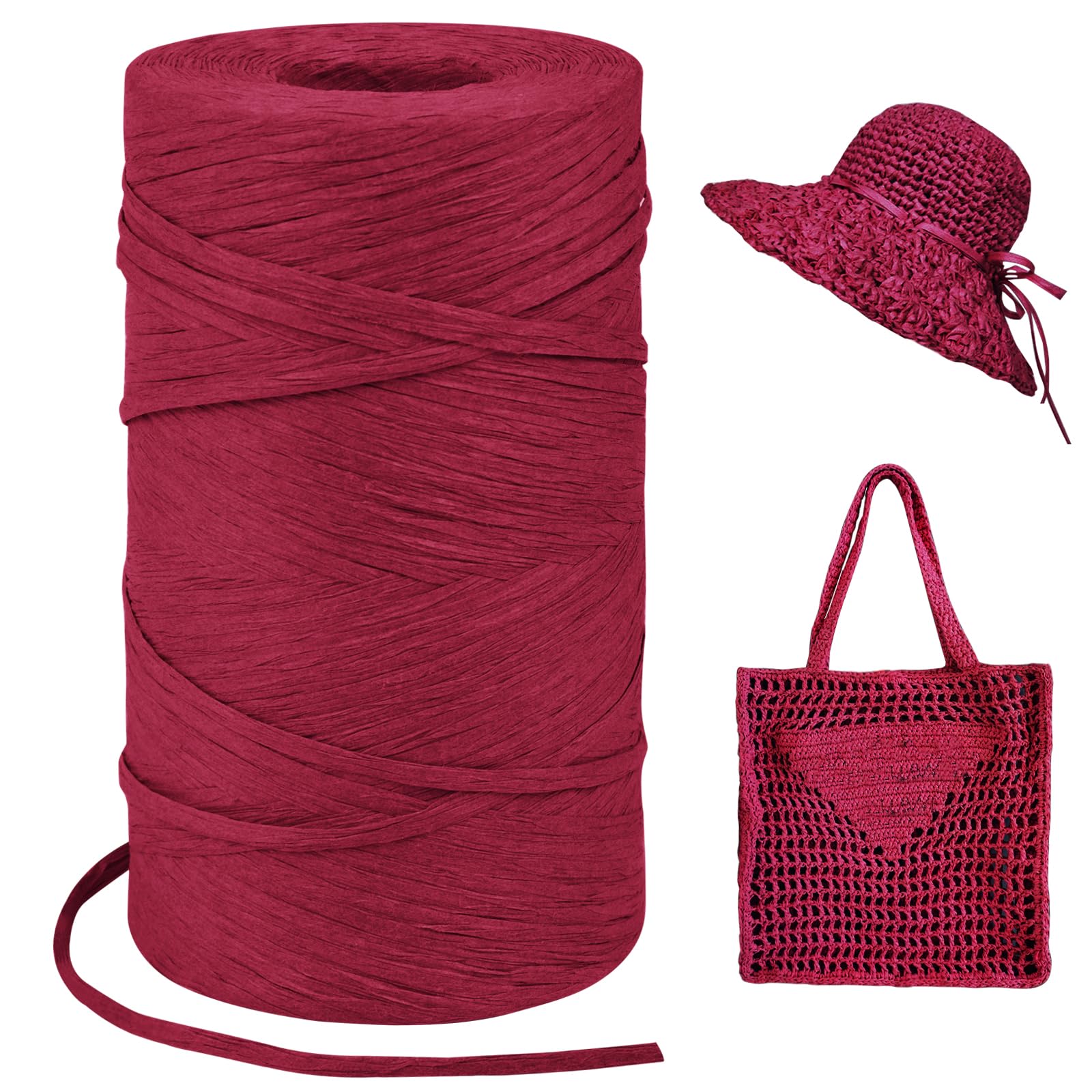 Red Raffia Yarn for Crochet Bags, 3mm x 328 Yards Flat String Raffia Ribbon for Gift Wrapping, Raffia Paper Ribbon Yarn for Crocheting Sun Hat, Bag, DIY Crafts, Holiday Decoration
