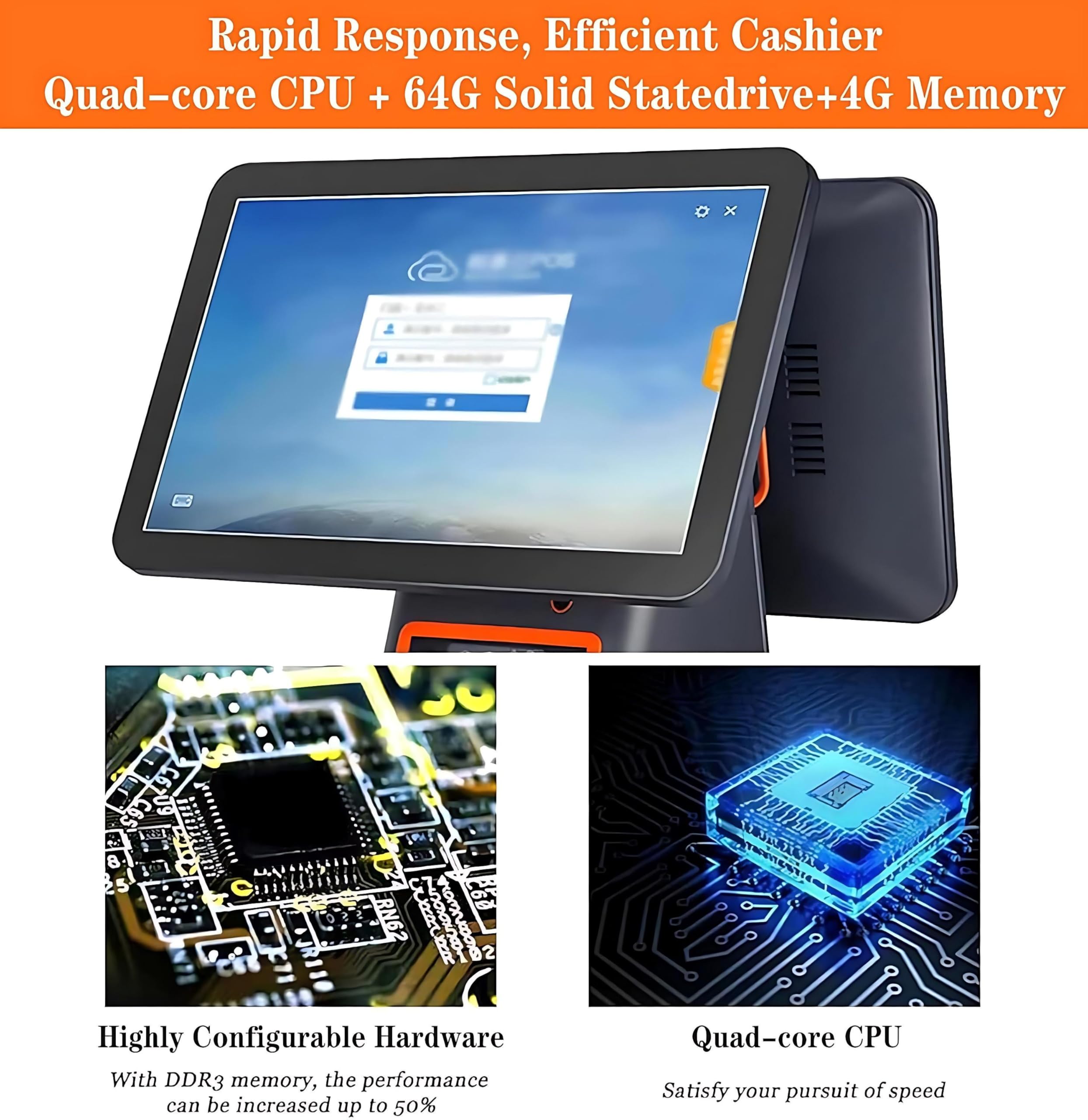 Caja registradora TPV, Sistemas TPV Todo en uno con Pantalla táctil Dual de 15,6", Sistemas TPV para pequeñas Empresas con CPU I3, 8 GB de RAM, 128 GB SSD, Windows 7/10