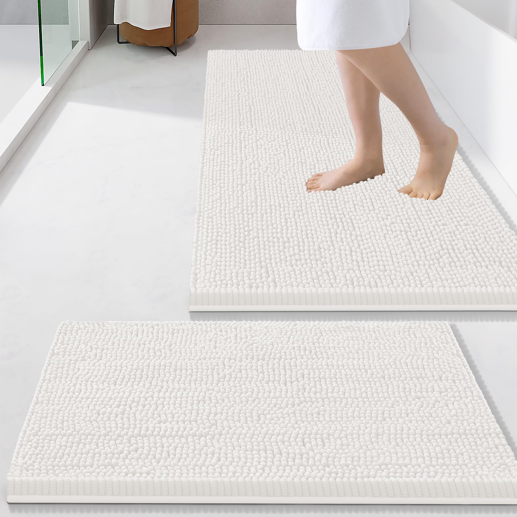 Smiry Chenille Bathroom Rugs Sets 2 Piece (34x21+24x16, Ivory)