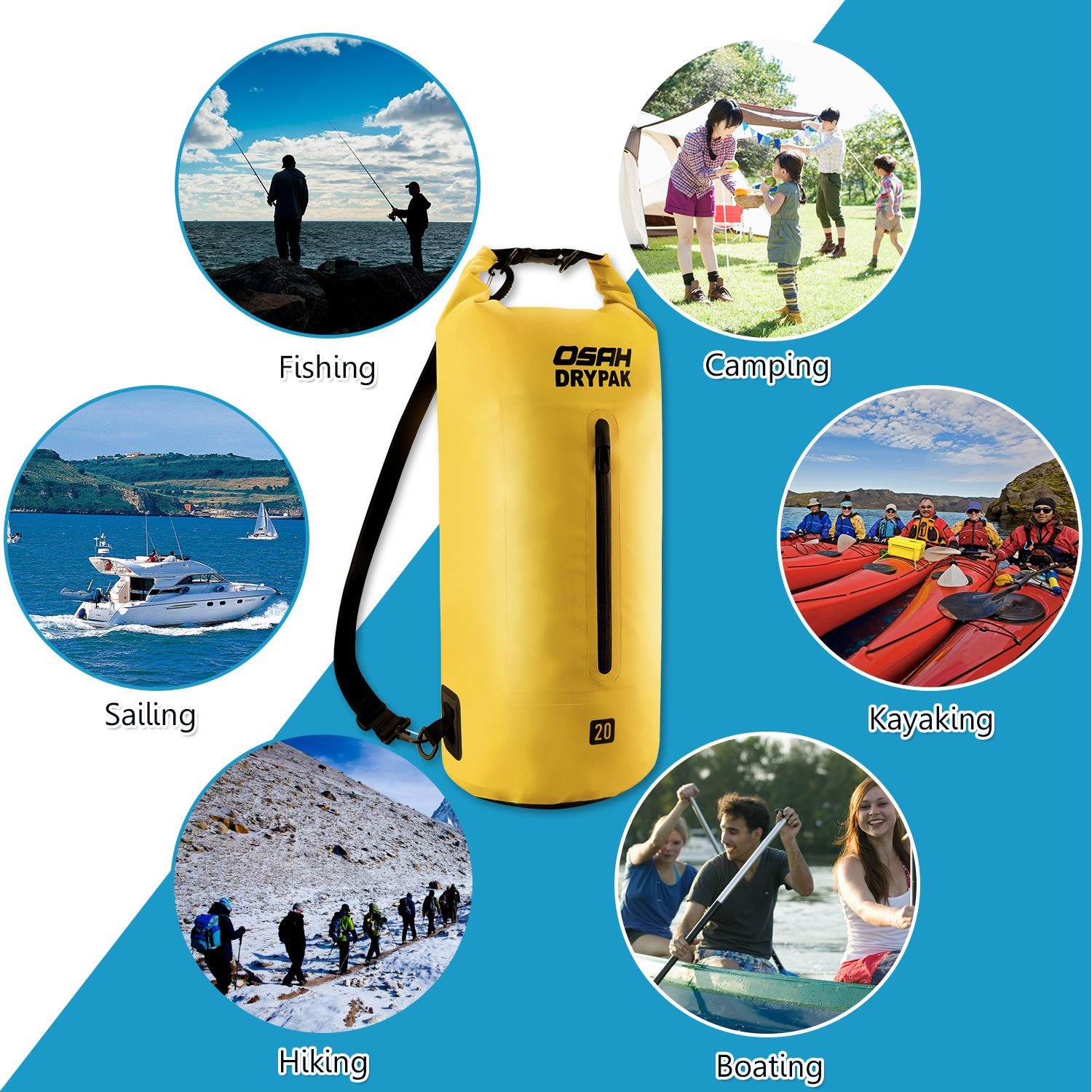 OSAH DRYPAK Borse Impermeabile Sacca Dry Bag 5L 10L 15L 20L 30L con Tracolla Regolabile per Spiaggia Sport d'Acqua Trekking Kayak Canoa Pesca Rafting Nuoto Campeggio