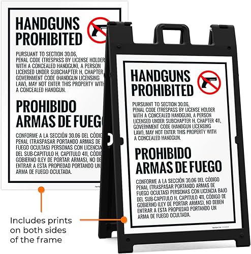 Miniatura 5 de Concealed Carry Prohibited Texas Penal Code Section 3007 Bilingual Sidewalk Sign Kit 24x36 Inches With A Frame Stand Made in USA by Sigo Signs
