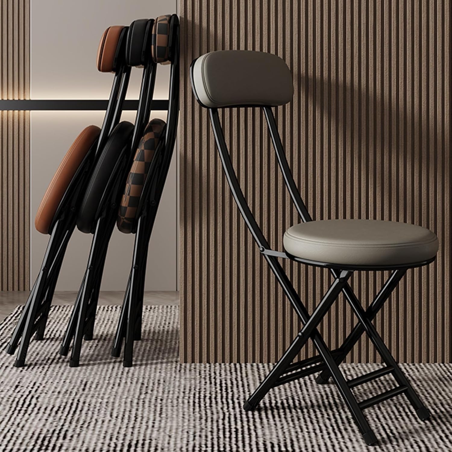 Stools to Sit On Folding with Backrest Padded Seat, Comfortable Foldable Chairs for Desk, Office, Dressing Table, Extra Seat Easy Fold and Storage for Any Room (Color : Brown