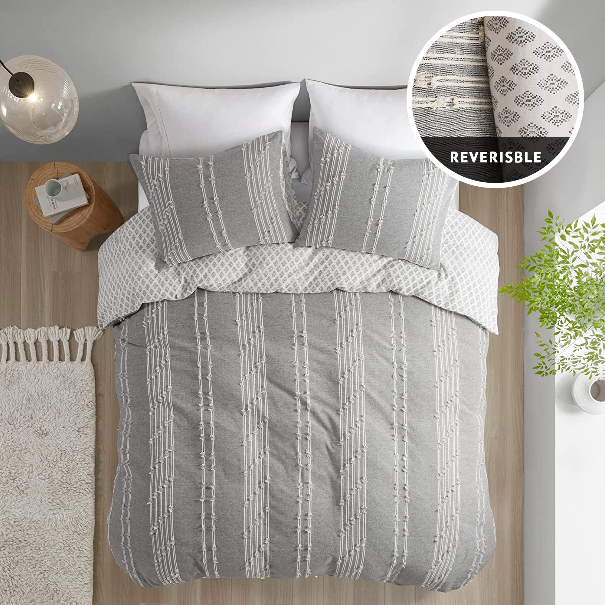 INK+IVY Kara Cotton Comforter Set, Clipped Jacquard Stripes and Diamond Printed Reverse, Modern