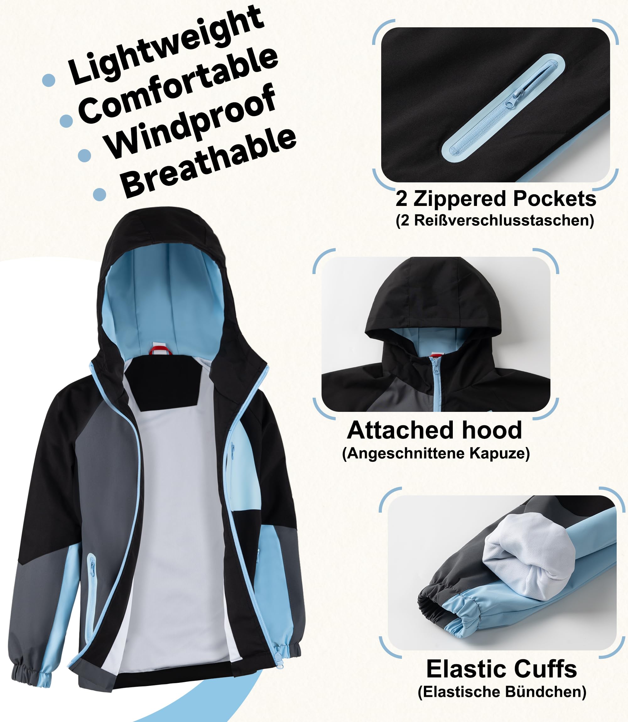 Veste de pluie mi-saison pour enfant, garçon, imperméable, légère, avec couleurs contrastées