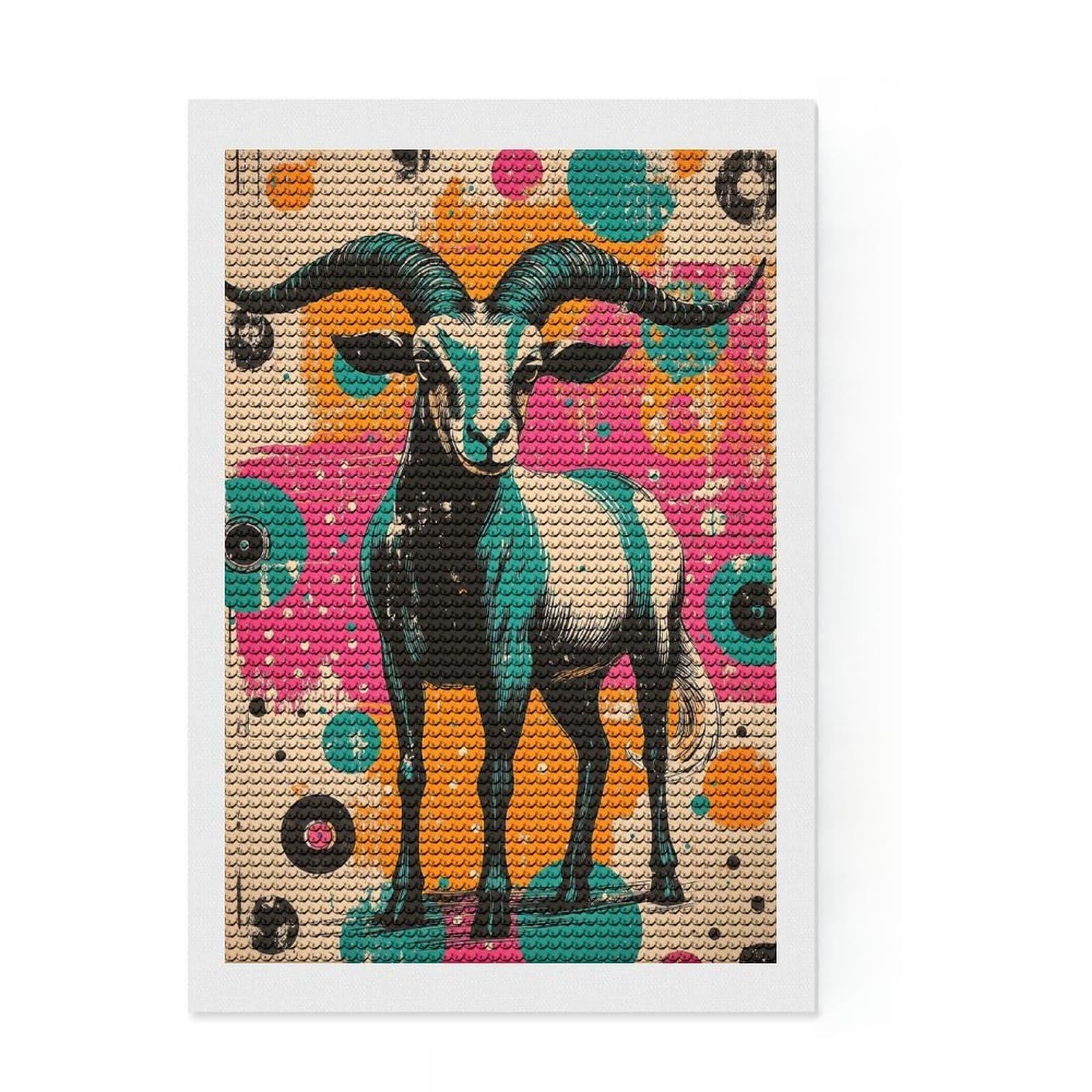 Junmoney Retro Goat Illustration Goat - Rustic Pop Art Charm Diamond Style Art Kit 8"x12", Round Gems, Mindful Craft Project, Thoughtful Present, Aesthetic Room Decor