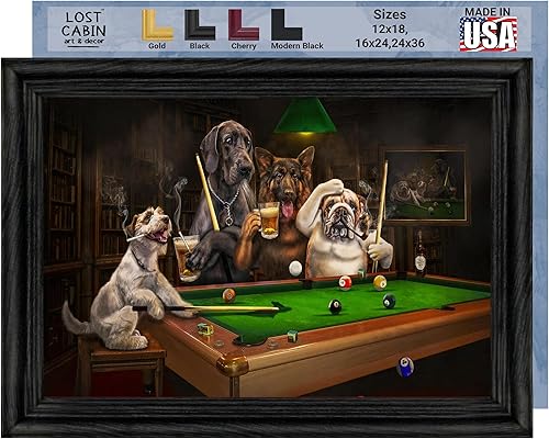 Cartel de metal de Cassius Coolidge con diseño de perros de cabaña perdida que juegan a la piscina  Marco biselado negro de lona  Reproducción de