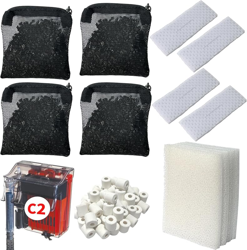2 Aquarium Filter Media Kits Compatible with Fluval C2 (30 Gal) Aquarium Power Filter, Includes 4 Pack Foam Pads, 4 Pack Tarpaulins, 4 Pack Activated Carbons and 1 Pack Ceramic Ring