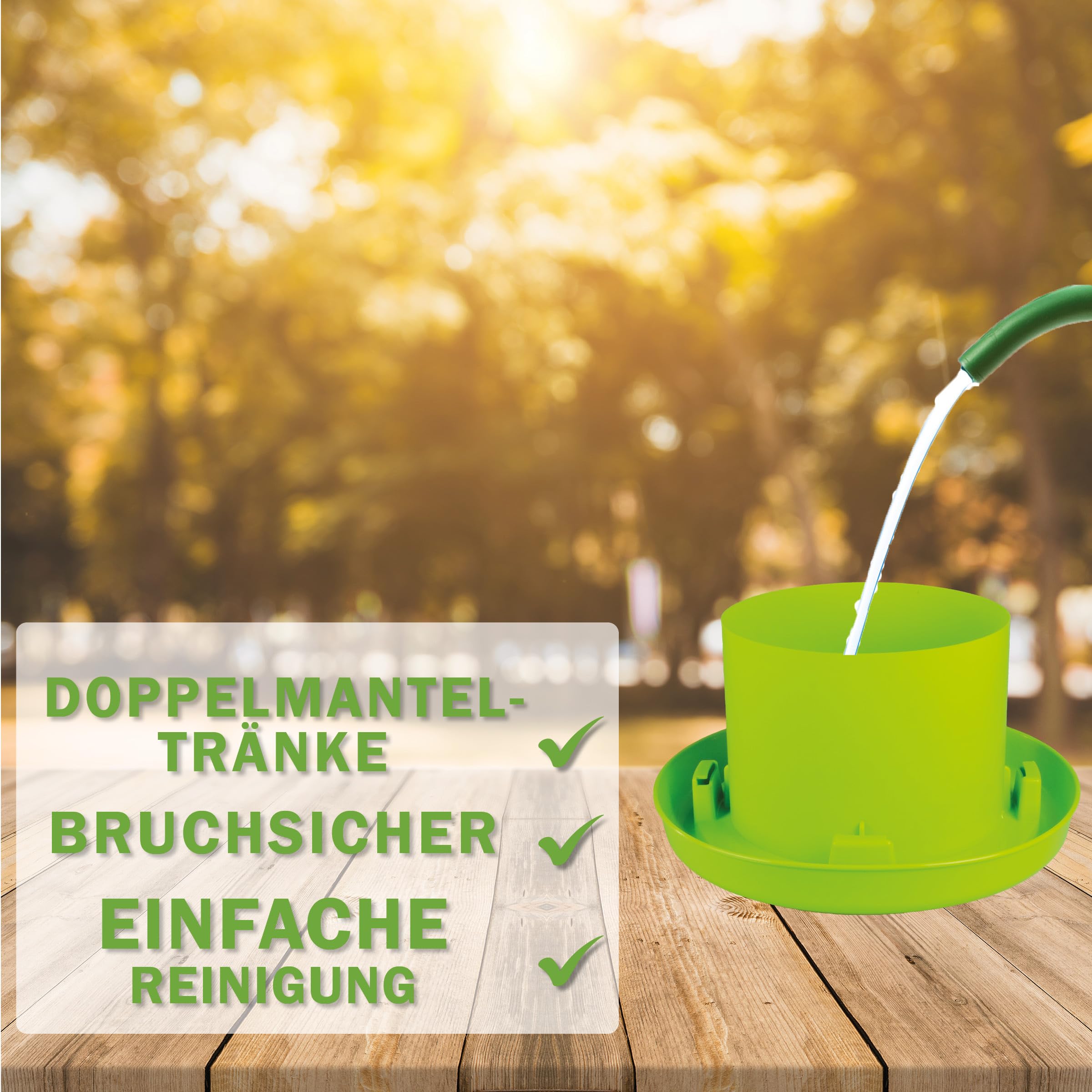 MeineHennen Hühnertränke 6L Doppelmanteltränke - Leicht befüllbare Geflügeltränke von Oben aus bruchfestem Kunststoff für Hühner & Wachteln, Wassertränke mit Bajonettverschluss & Tragegriff Grün/Weiß