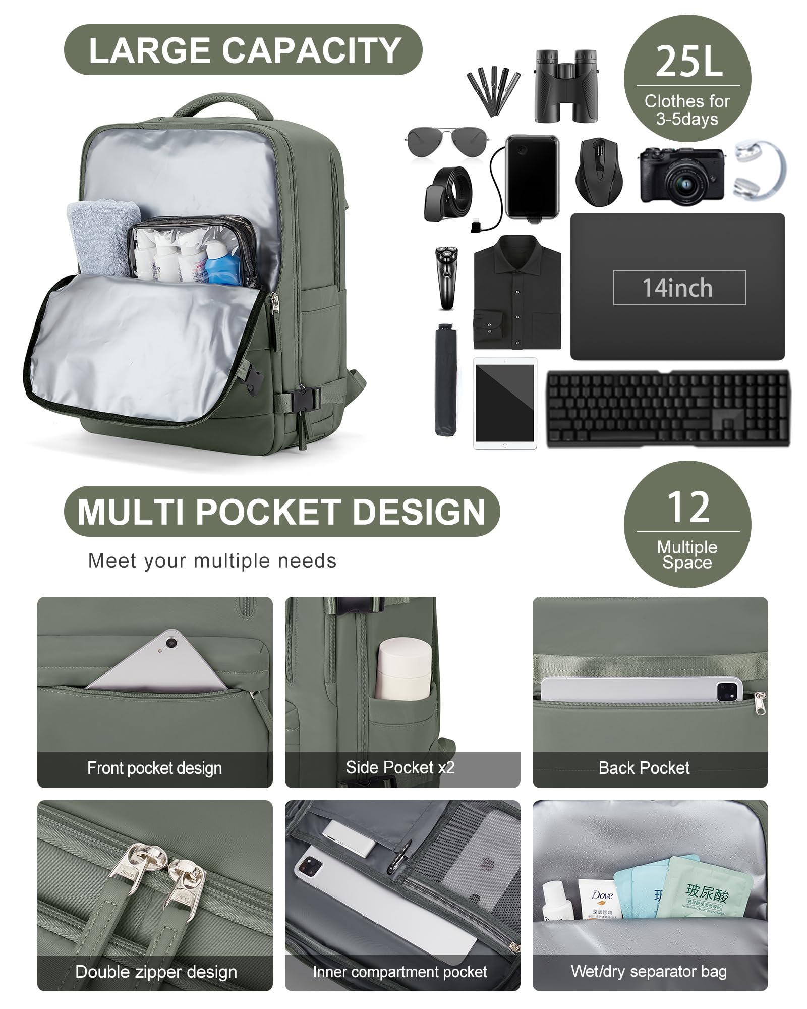 BJLFS Borse da Cabina per Ryanair 40×30×20 Zaino da Viaggio con Sottovuoto Bagaglio a Mano 40x20x25 Easyjet 45×36×20,Zaino Wizzair 40x30x20,Zaino Casual per laptop da 14 pollici per scuola