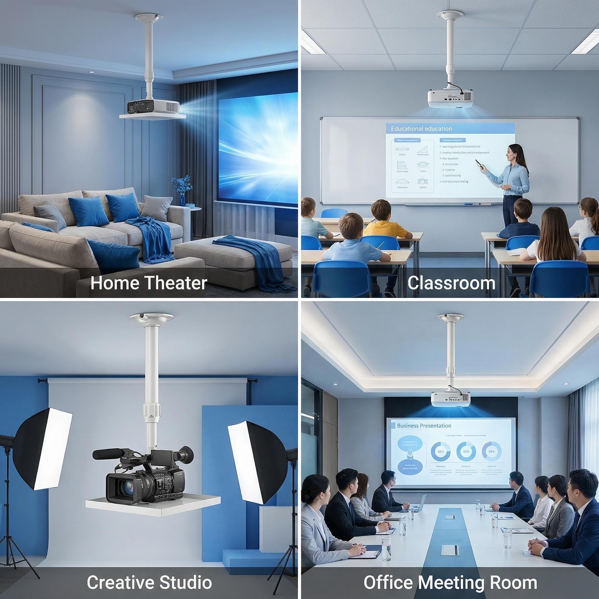 Universal Projektor-Halterung für die Decke/Wand Beamer Halterung Deckenhalterung 30-52cm Höhenverstellbare Universalhalterung mit versteckter Kabelführung Tragfähigkeit 6kg für Heimkino Büro