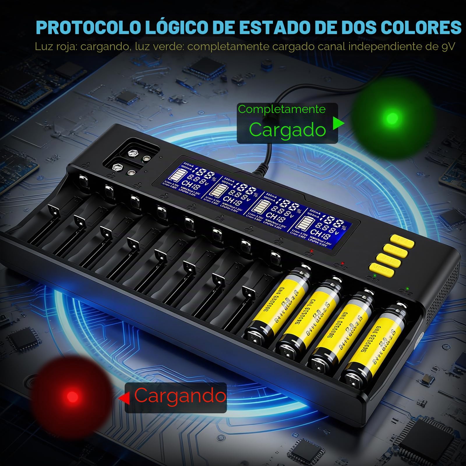 Cargador 18650,Cargador De Pilas Recargables para 18650,20700,26650,17500,16340,14500,AA,AAA,9V,Ni-Mh,12+2 Ranuras,con Pantalla LCD,Múltiples Funciones De Protección