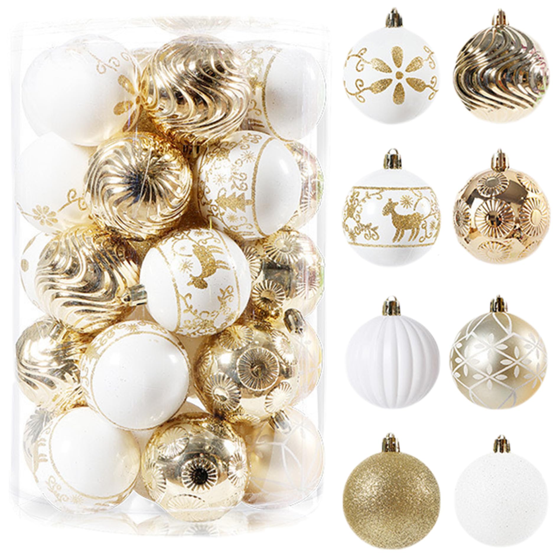 34 Unids/Caja Bolas de Navidad 2.4 Adornos de Bolas de Navidad con Purpurina de PVC irrompibles con Lazo para Colgar para Fiesta navideña Guirnalda de Corona de árbol de, Oro Blanco.
