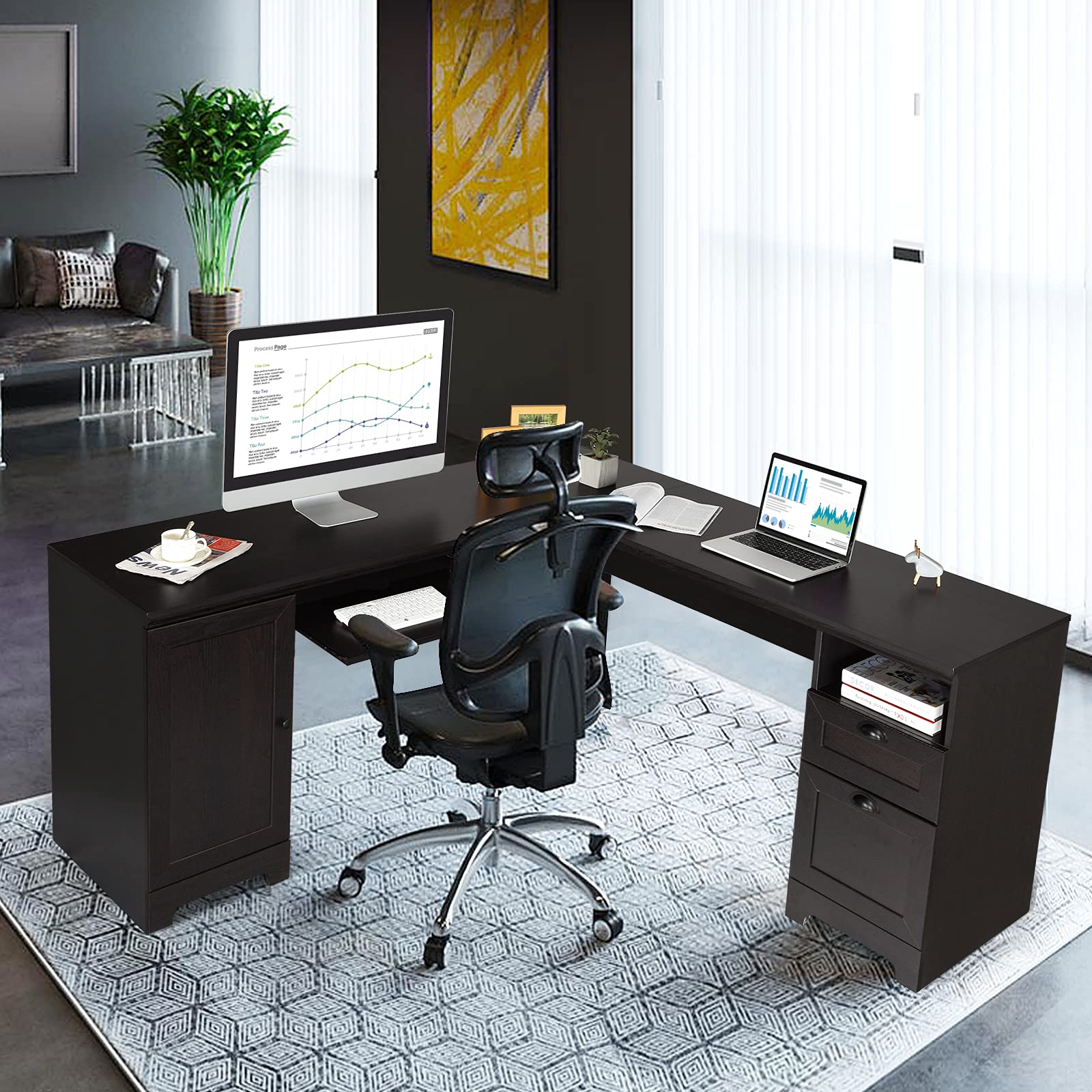Tangkula 66" × 66" LShaped Desk, Corner Computer Desk with Drawers Keyboard Tray and Storage
