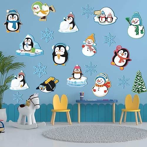 Miniatura 5 de 48 piezas de recortes de invierno para decoración de borde de anuncios de aula de Navidad con punto de pegamento, copos de nieve, pingüino, muñeco
