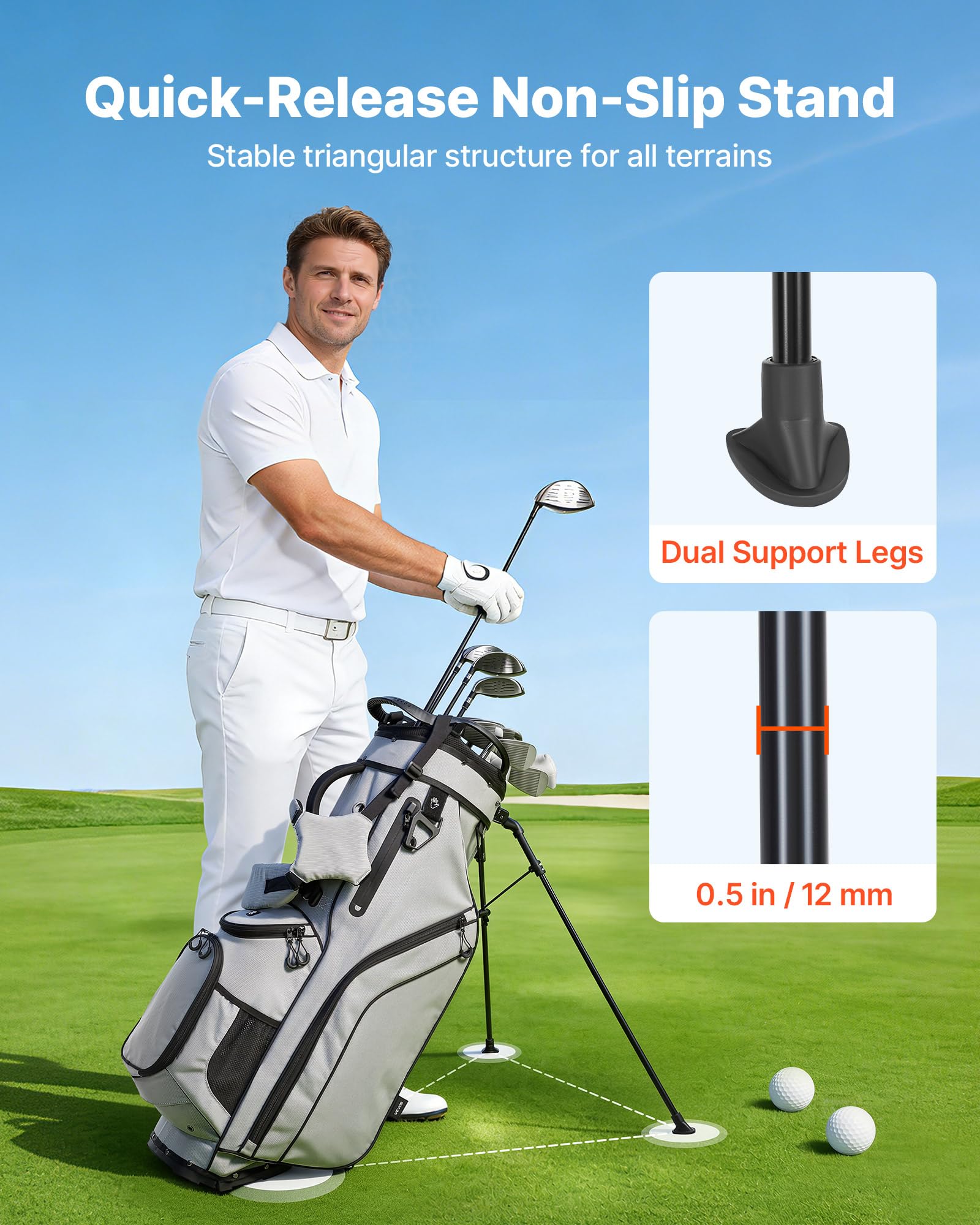 VEVOR Borsa da Golf Portaoggetti Mazze, Borsa da Golf con Supporto da Pavimento Tracolla Doppia Copertura Antipioggia, Materiale in Poliestere Rivestimento Interno in PU 210D 420 x 260 x 930 mm
