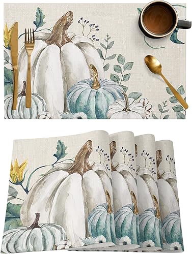 Juego de 6 manteles individuales de otoño, diseño de calabaza, para cocina, comedor, casa de campo, resistentes al calor, de lino de algodón, para