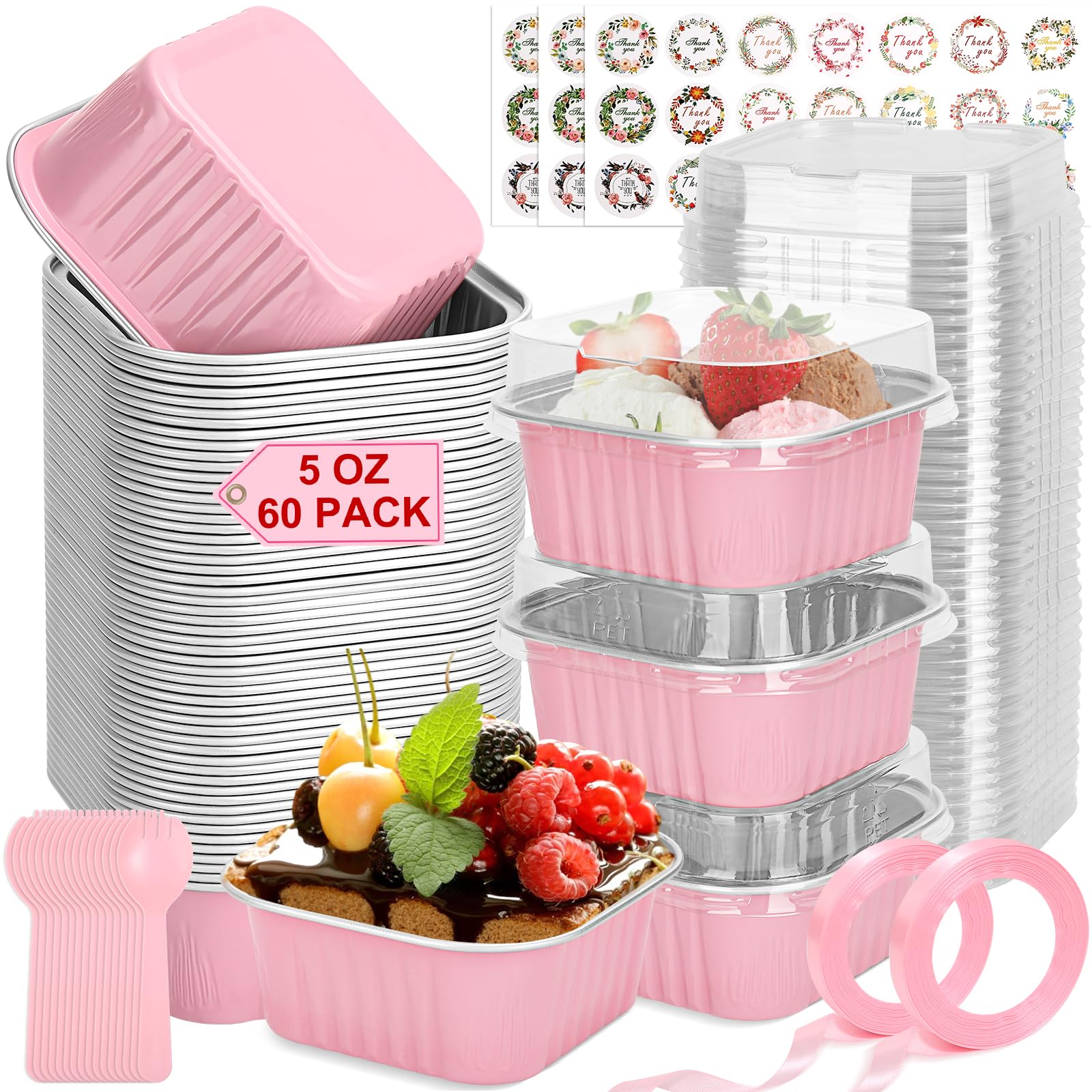 Mini-Kuchenformen mit Deckel und Löffeln, 142 ml, quadratische Aluminiumfolie, Kastenformen, Rosa, kleine Kuchenformen, Einweg-Backformen, Dessert-Cupcake-Becher mit Schleifen-Aufklebern, für Hochzeit