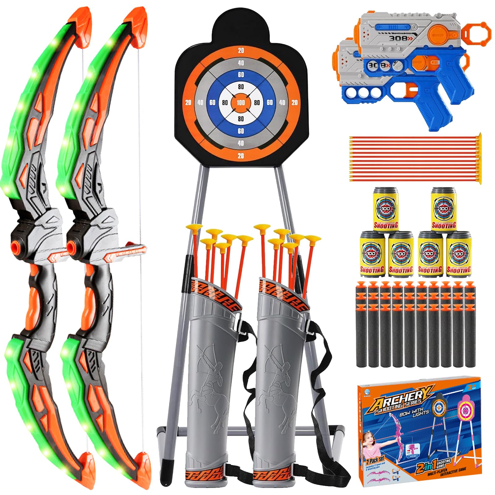 ROCKY&CHAO Freccia e arco per bambini, 2 LED con 12 frecce a ventosa, bersaglio in piedi, 2 pistole giocattolo, bersaglio per attività all'aperto, regalo per ragazzi e ragazze 4-12 anni