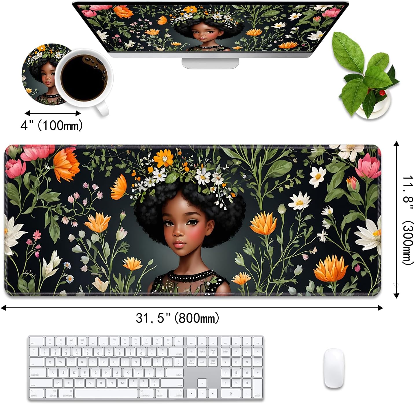 Desk Pad Mat Gaming Mouse Pads with Coasters, Large Extended Gaming Mousepad (31.5 x 11.8 Inch) with Non-Slip Base & Stitched Edge for Home Office Work Gaming, African American Black Girl image 2